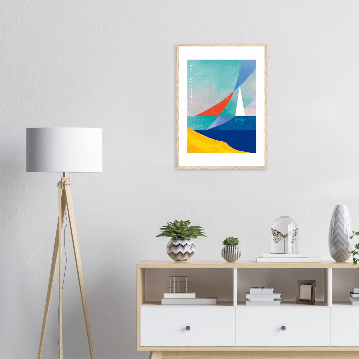 Sea And Sailboat Abstraction Art Of The Mediterranean Sea, French Riviera Nautical Art Print: Wooden Framed Poster Print