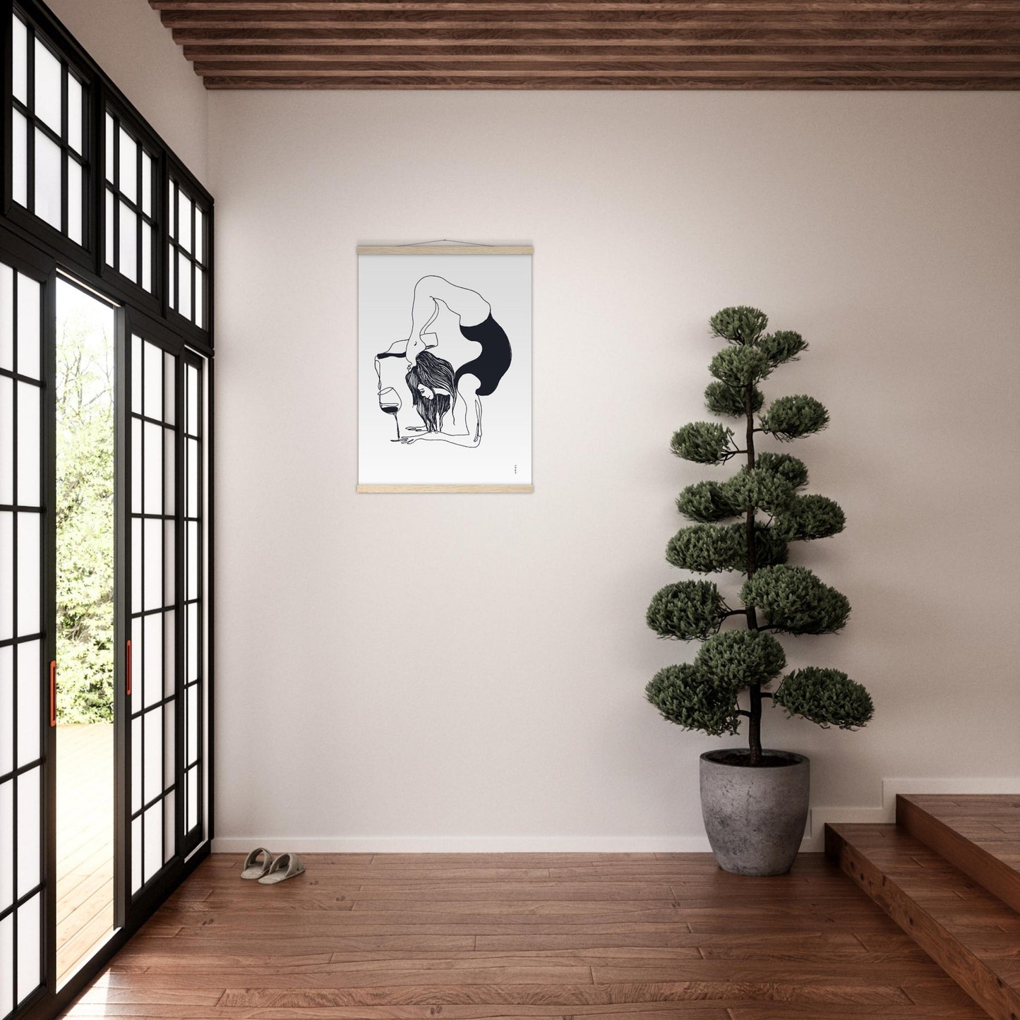 Funny Yoga Art With Wine And Woman In Yoga Pose, Poster with Hanger