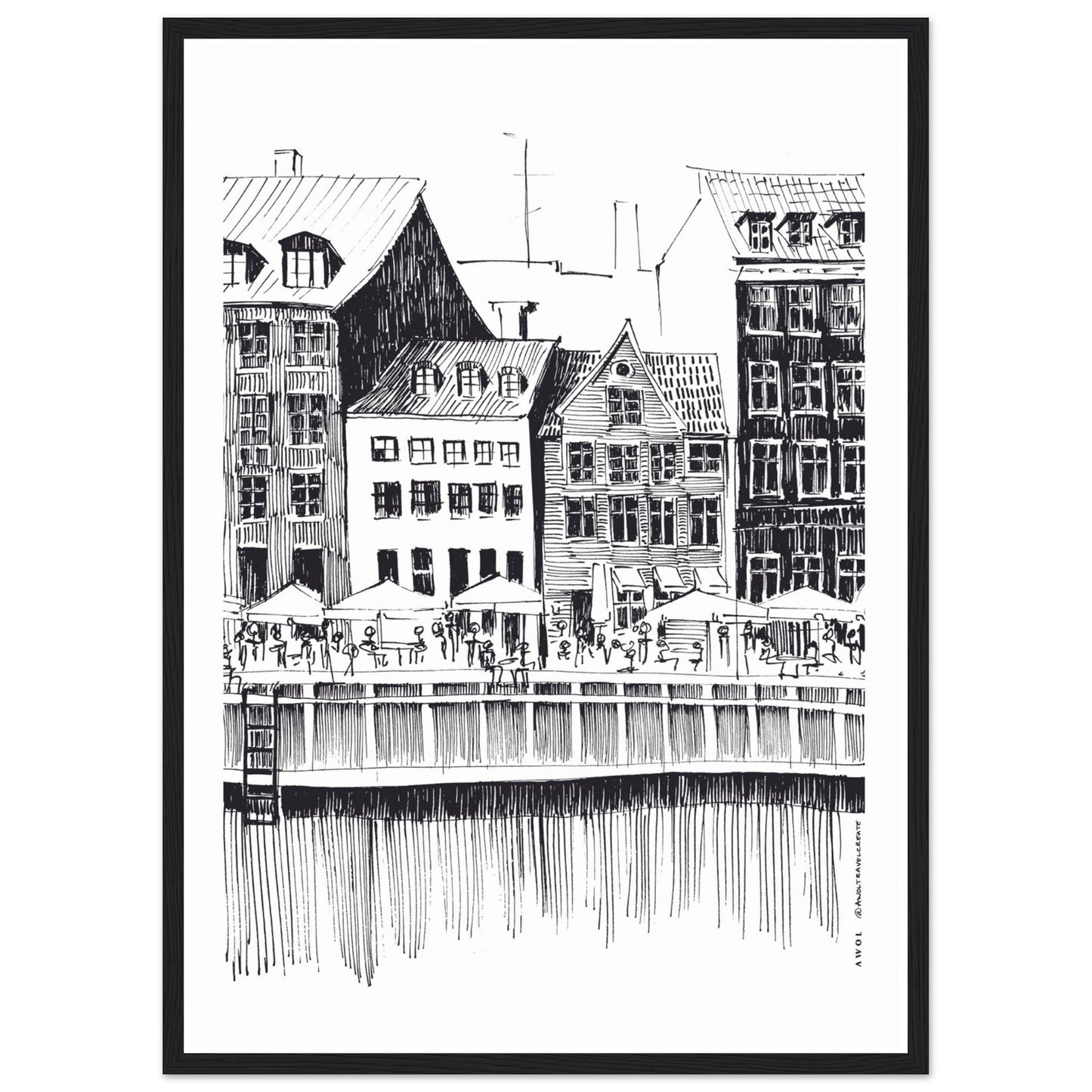 Saturday Afternoon With Cafés And Historic Houses In Copenhagen, Wooden Framed Art Print On Premium Paper