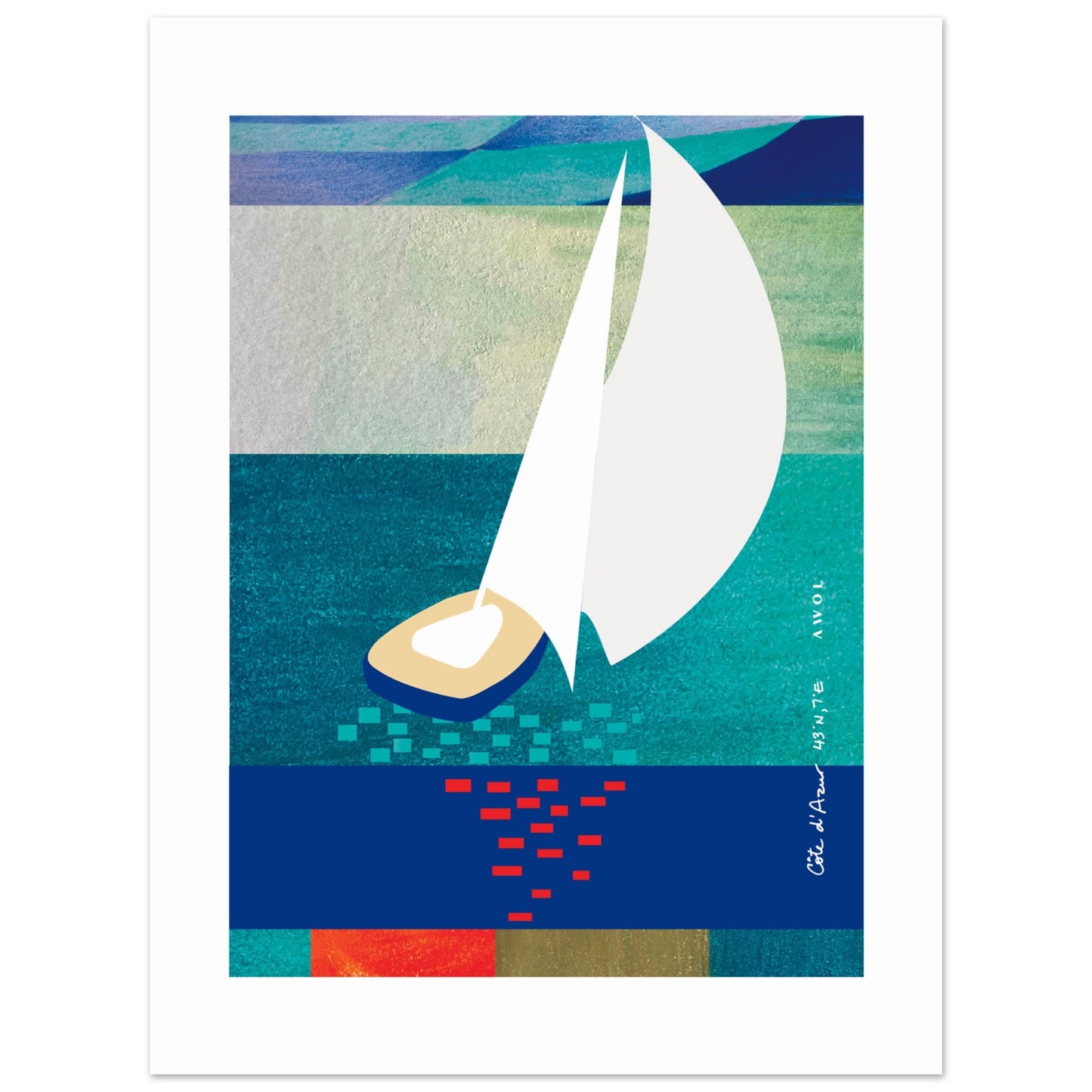 White Sailboat At Sunset On The Sea With Graphic Reflection: French Rivera Classic Matte Paper Poster