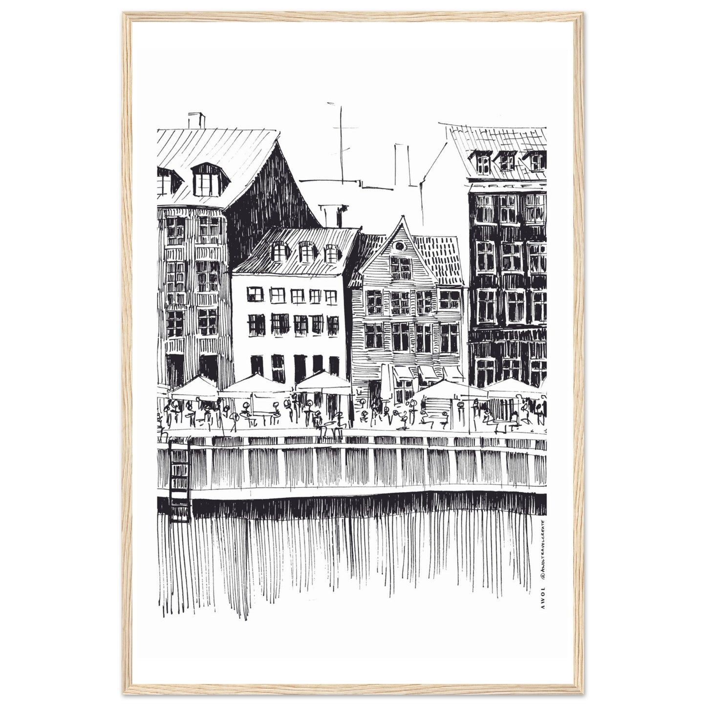 Saturday Afternoon With Cafés And Historic Houses In Copenhagen, Wooden Framed Art Print On Premium Paper