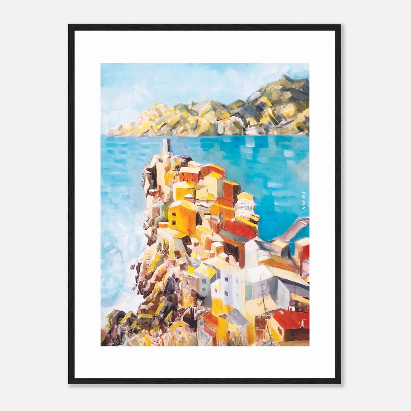 Colourful Town On A Cliff By The Sea In Italy: Italian Riviera Framed Art Print