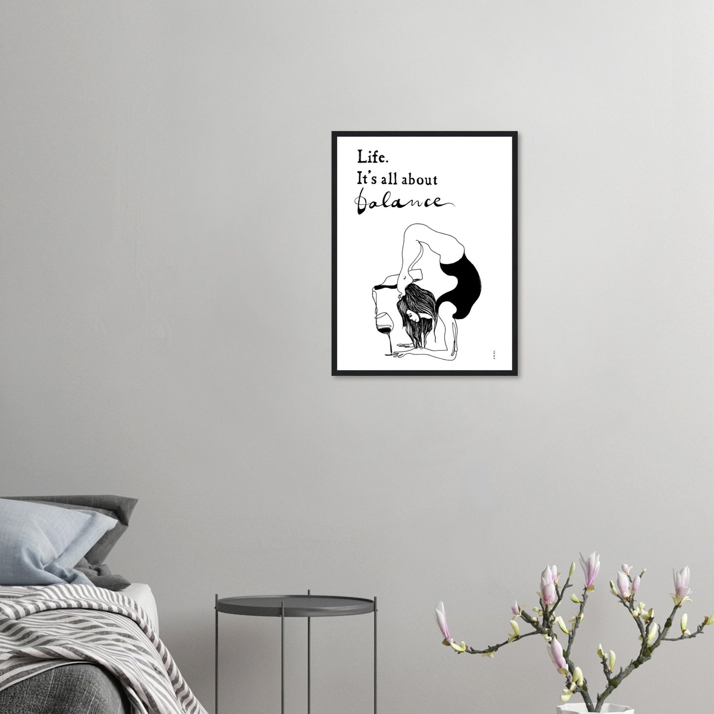 Yoga Art Print With Yoga Pose, Wine And Balance: Framed Art Print