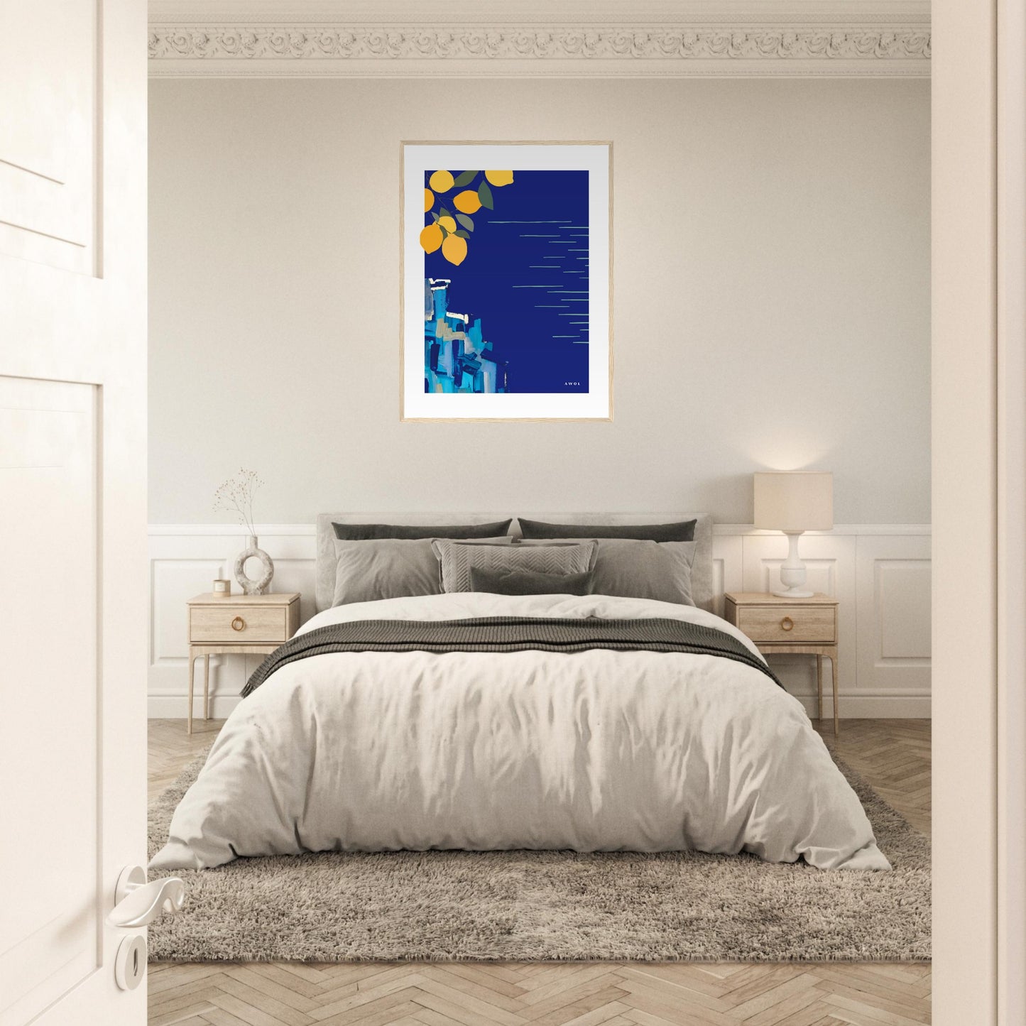Mediterranean Blues: Landscape Art With Lemons By The Sea, Wooden Framed Art Print