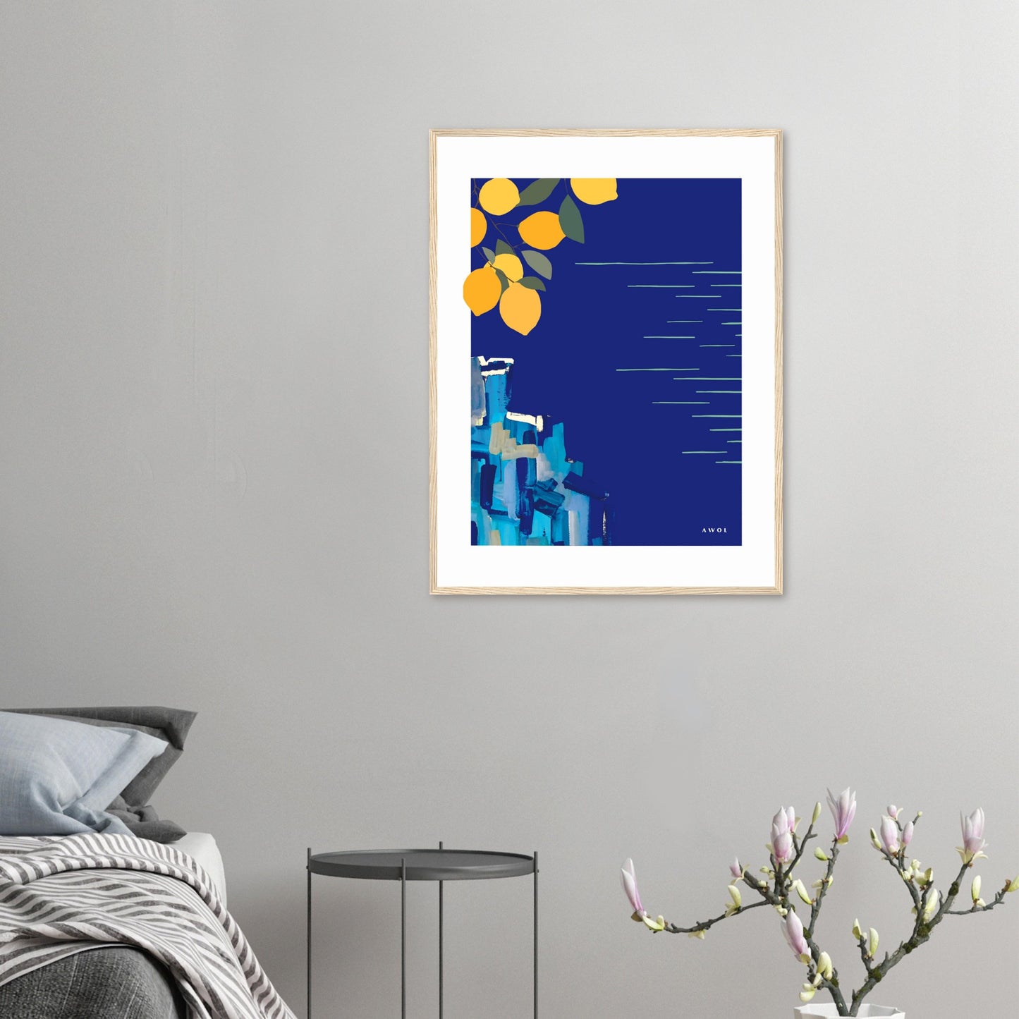Mediterranean Blues: Landscape Art With Lemons By The Sea, Wooden Framed Art Print