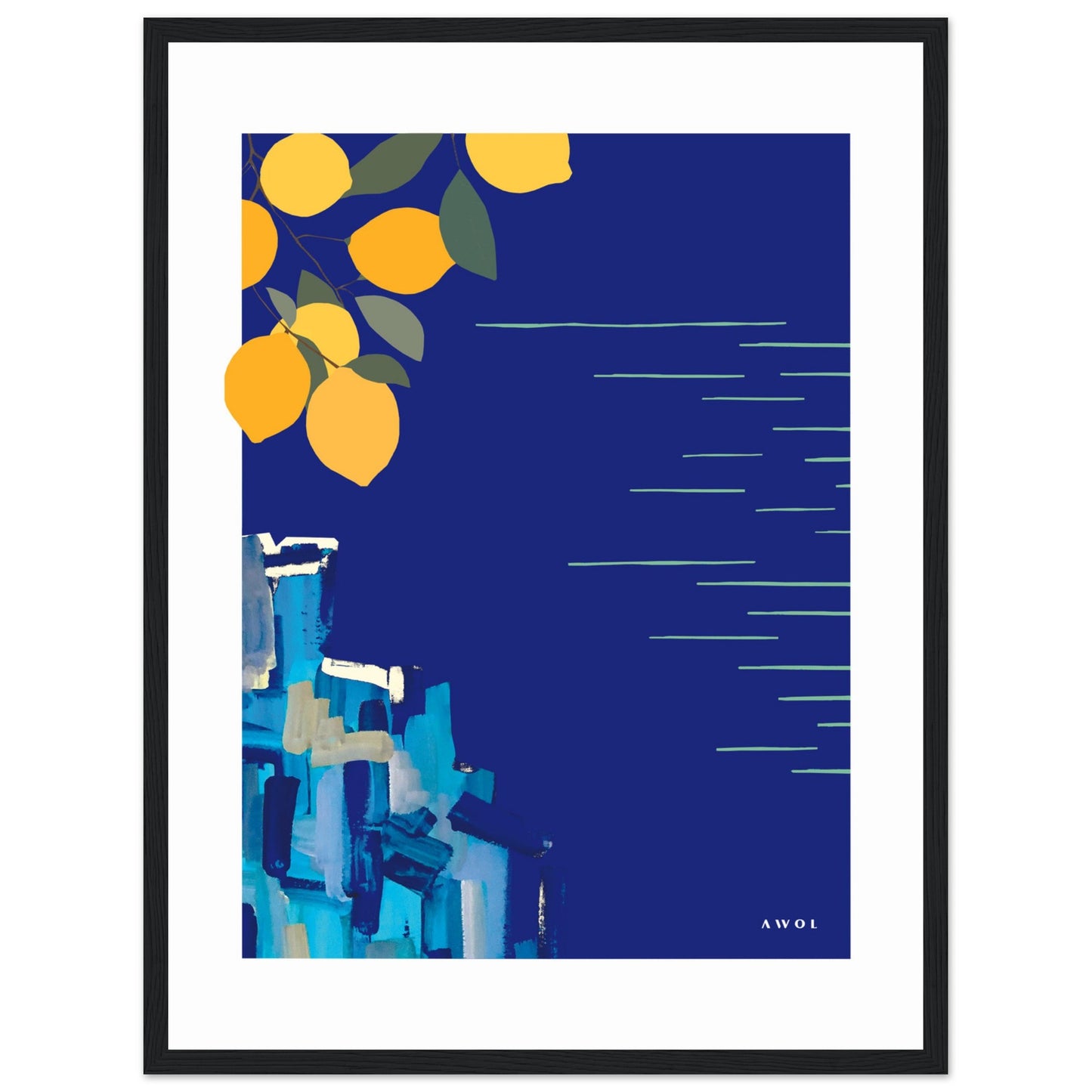 Mediterranean Blues: Landscape Art With Lemons By The Sea, Wooden Framed Art Print
