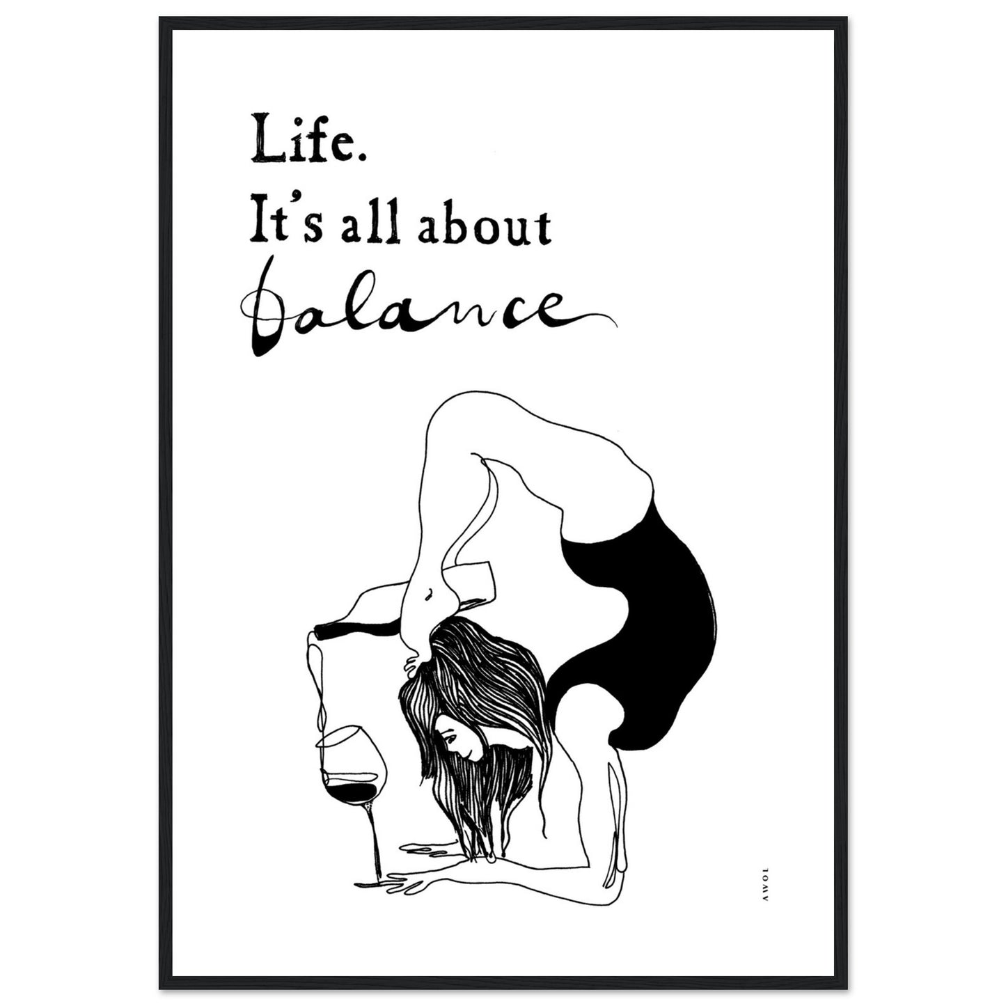 Yoga Art Print With Yoga Pose, Wine And Balance: Framed Art Print