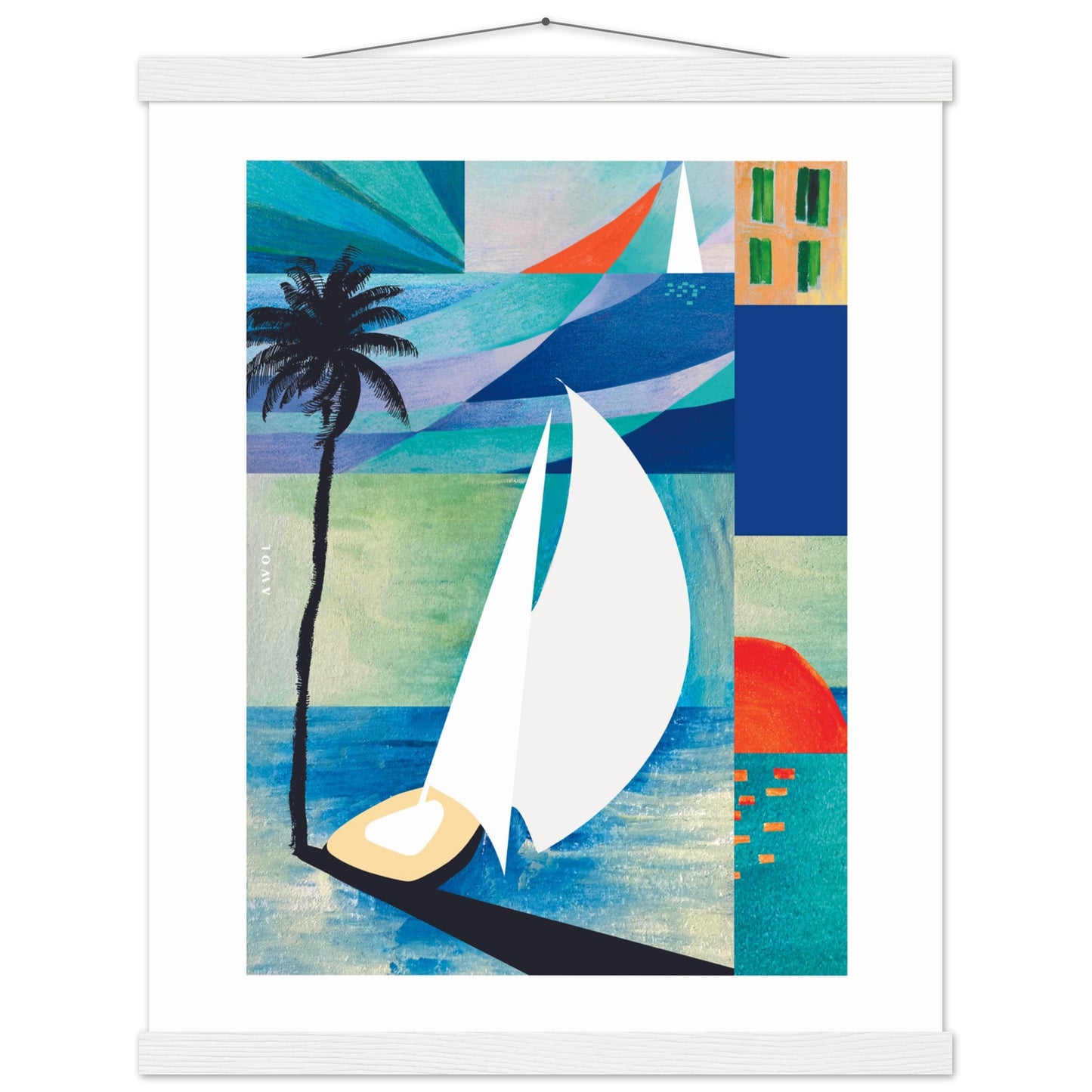 Colourful Sailing Art: Sea, Palm Tree And Orange Sun: Travel Poster with Hanger
