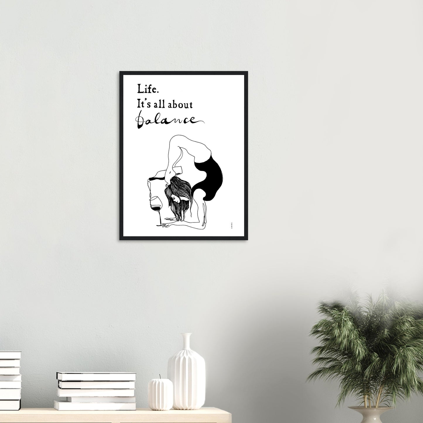 Yoga Art Print With Yoga Pose, Wine And Balance: Framed Art Print