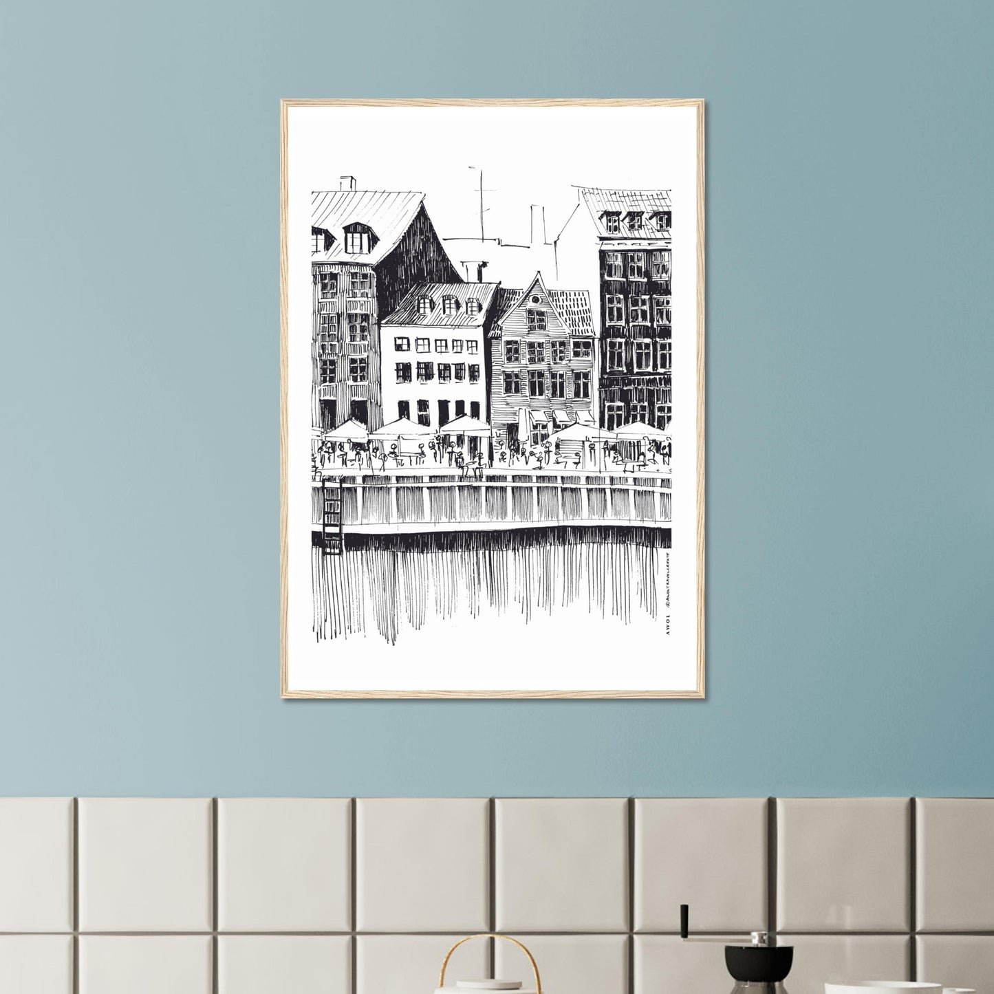 Saturday Afternoon With Cafés And Historic Houses In Copenhagen, Wooden Framed Art Print On Premium Paper