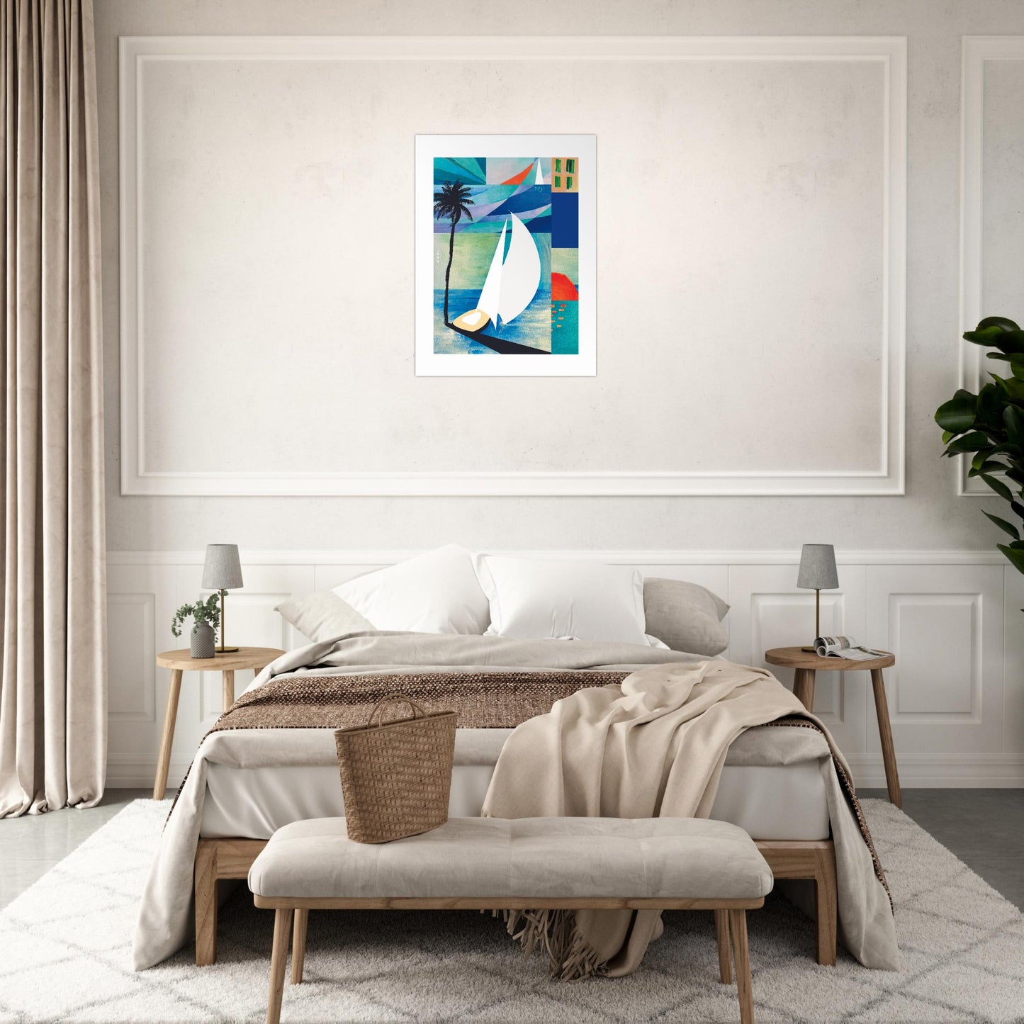 Tropical Art Print, Sunrise, Sail Boat and Palm Trees: Poster Print