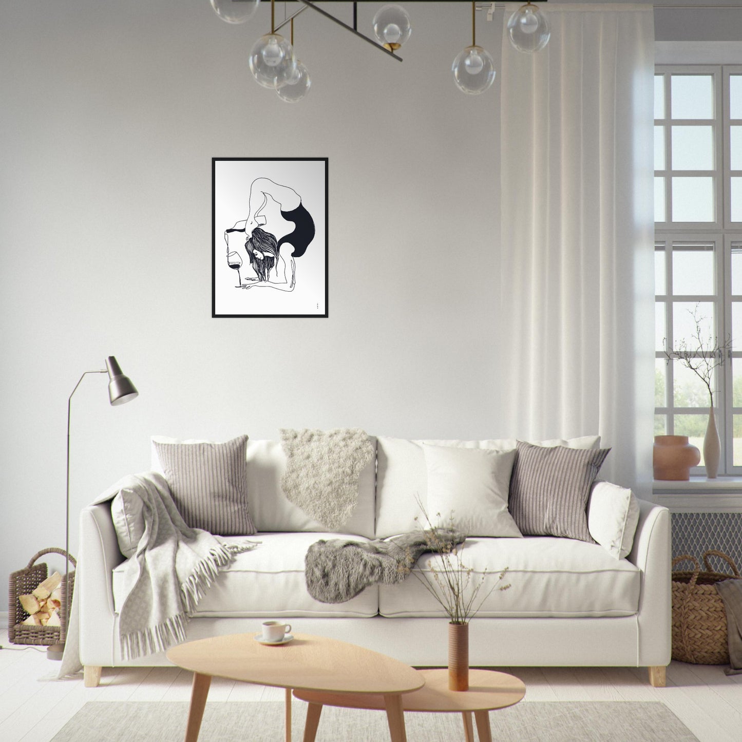 Funny Black And White Yoga Art Print In Wooden Frame With Wine And Balance Yoga Pose
