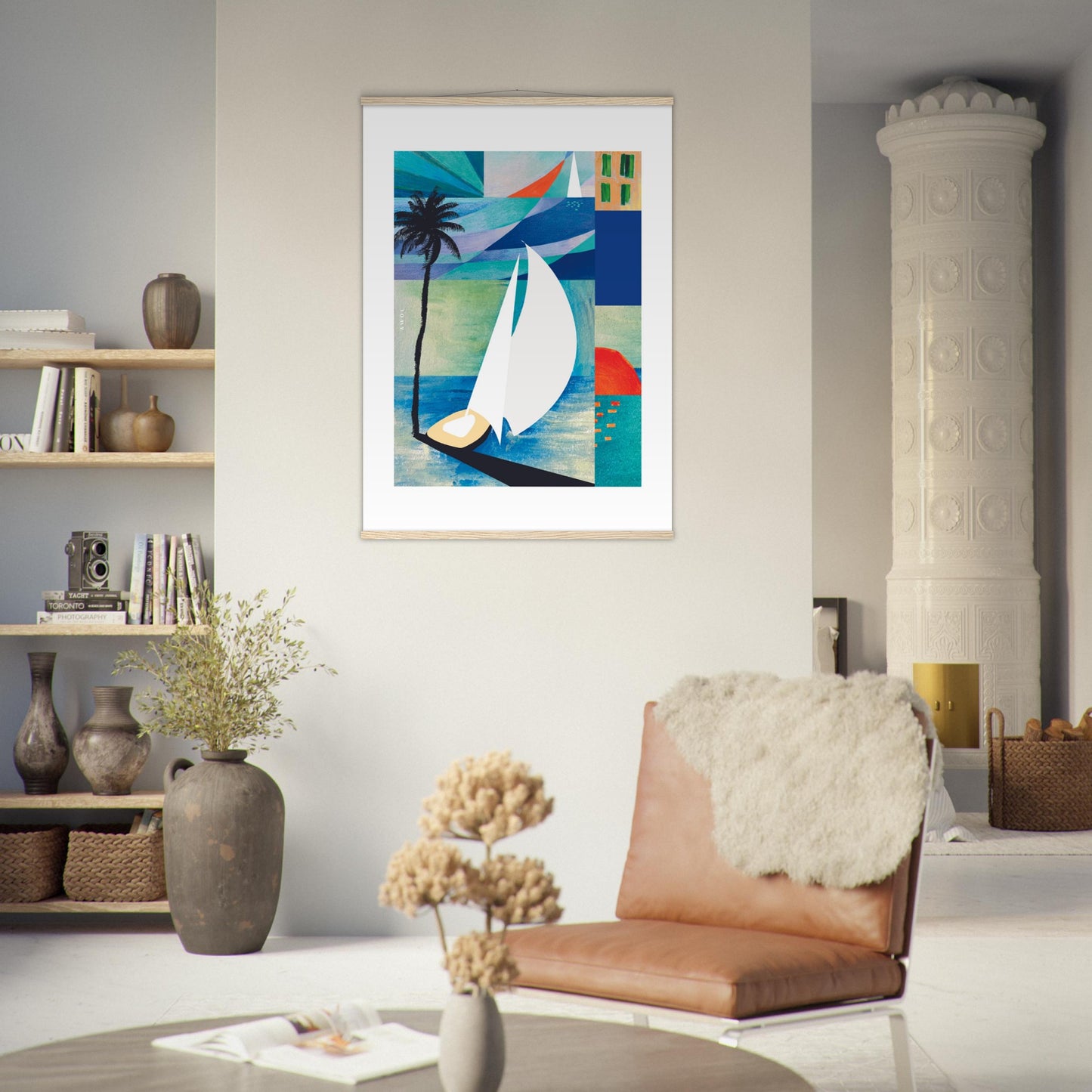 Colourful Sailing Art: Sea, Palm Tree And Orange Sun: Travel Poster with Hanger
