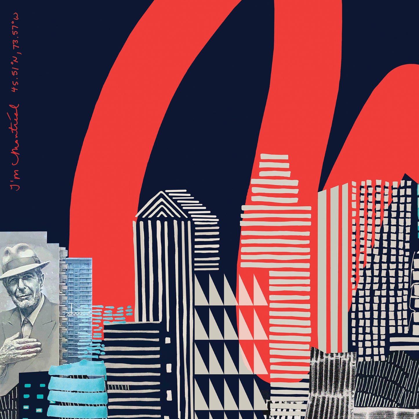 Modern Montreal Skyline, Graphic City Art Print With Leonard Cohen and Skyscrapers: Metal Framed Poster Print