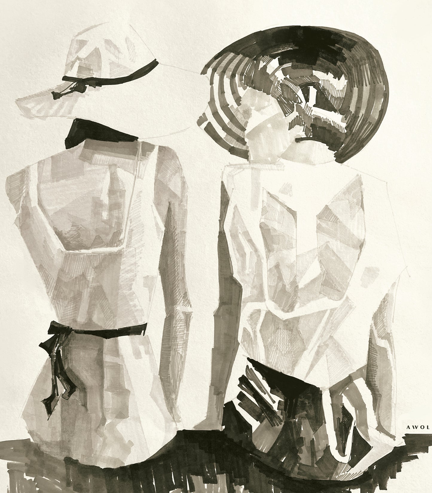 Mediterranean Elegance: Two Women In Hats On The Beach Looking At The Sea, Large Monochrome Canvas Art