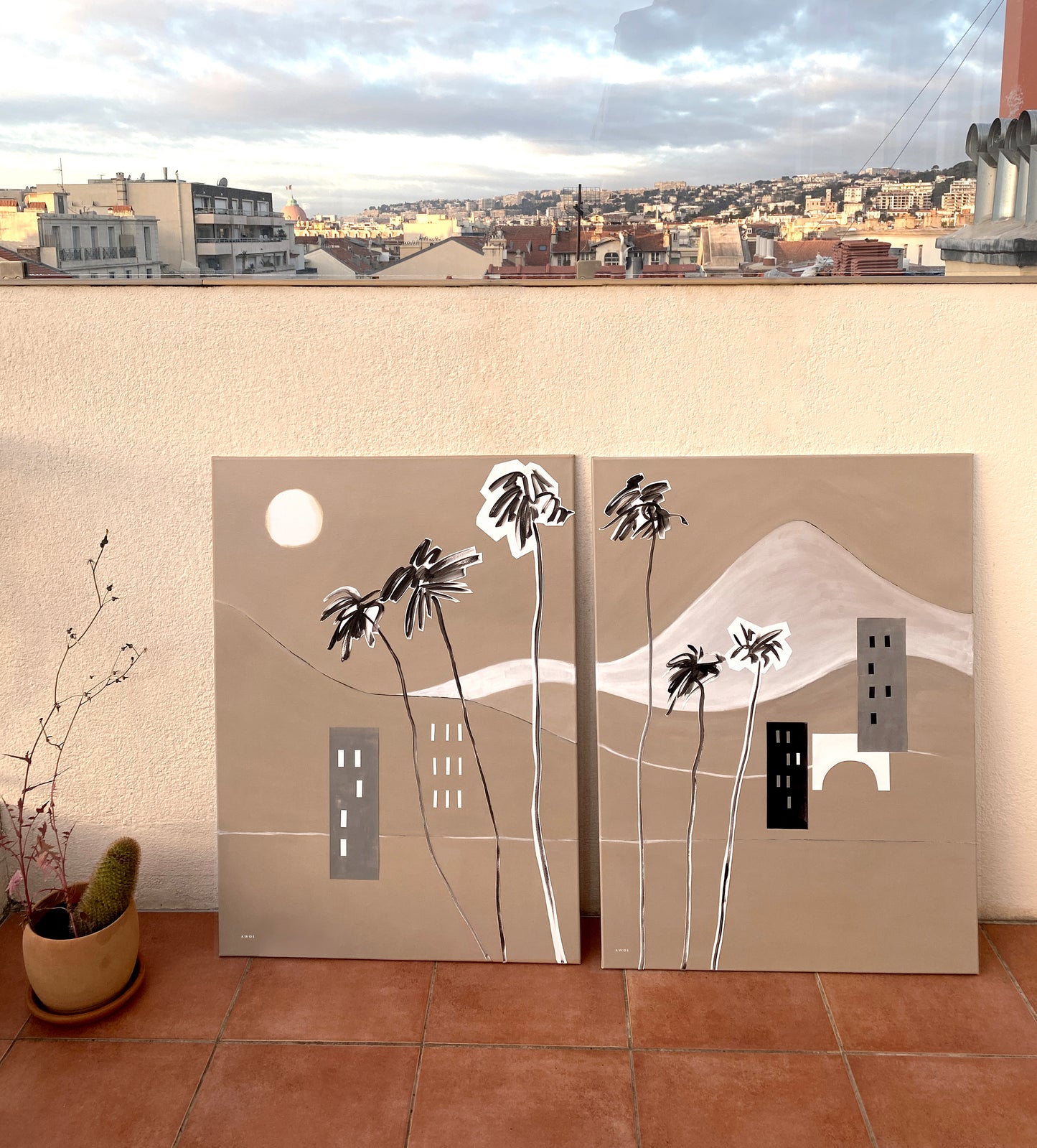 Mediterranean Abstract Landscape Wall Art With Mountains And Palm Trees: Canvas Art Print