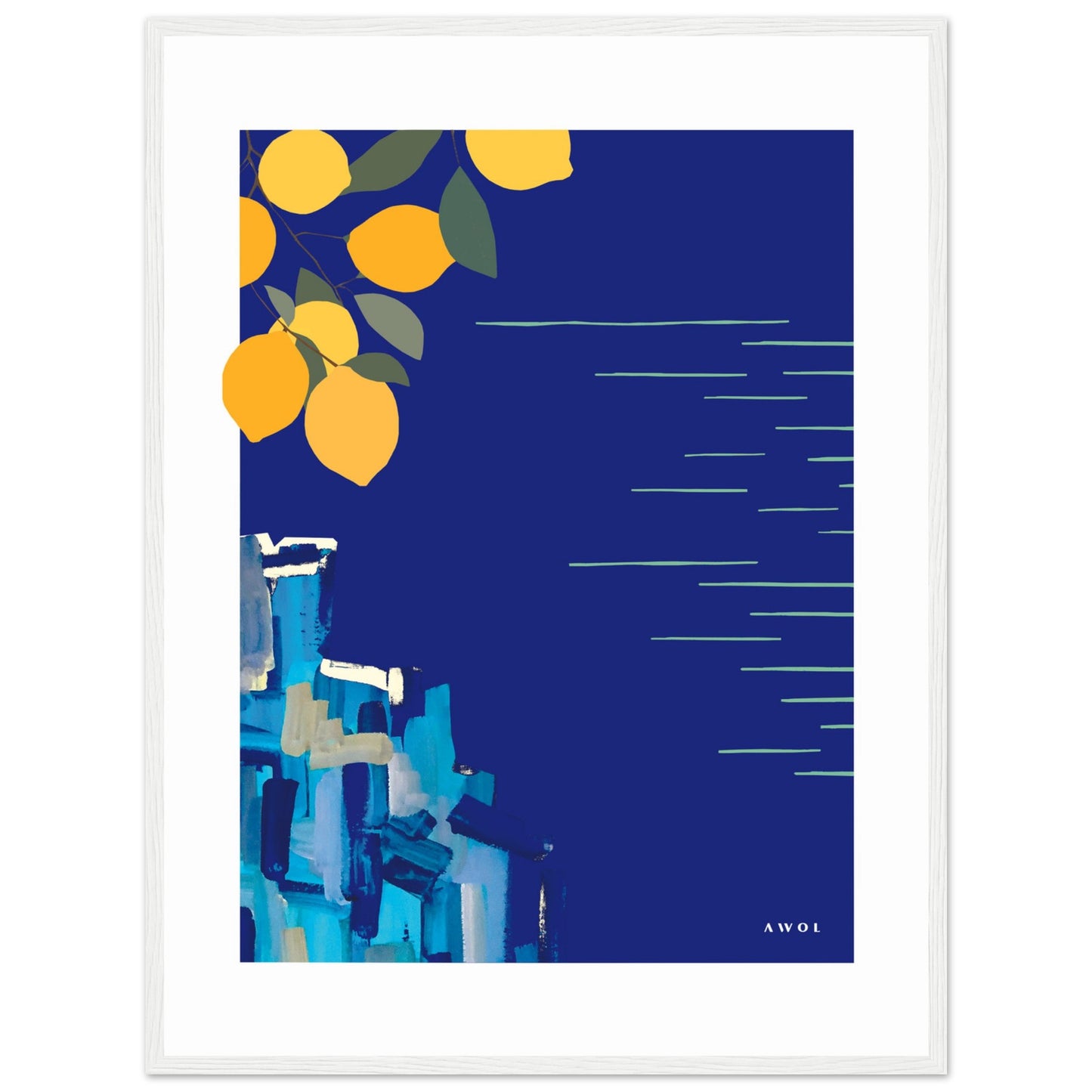 Mediterranean Blues: Landscape Art With Lemons By The Sea, Wooden Framed Art Print