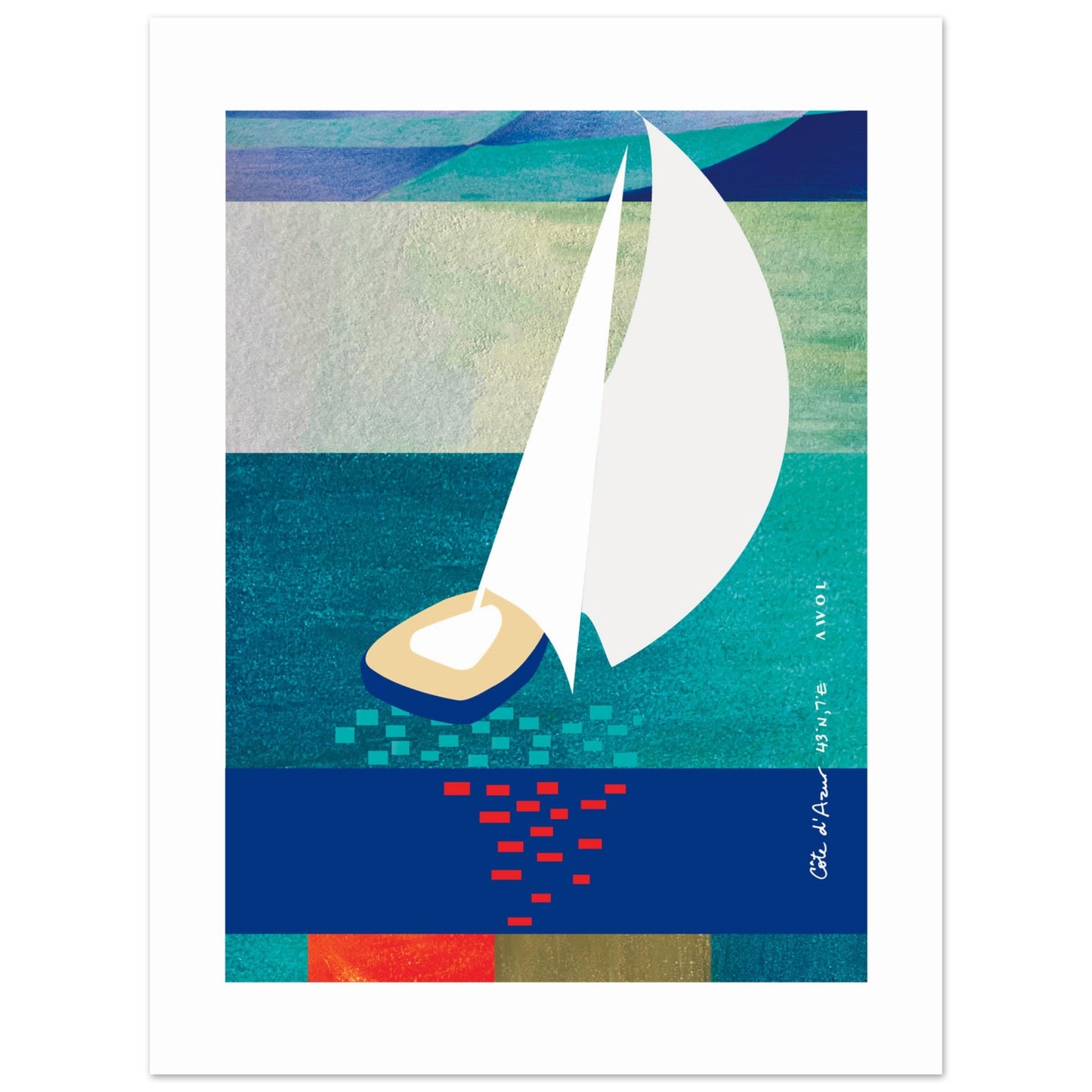 White Sailboat At Sunset On The Sea With Graphic Reflection: French Rivera Classic Matte Paper Poster