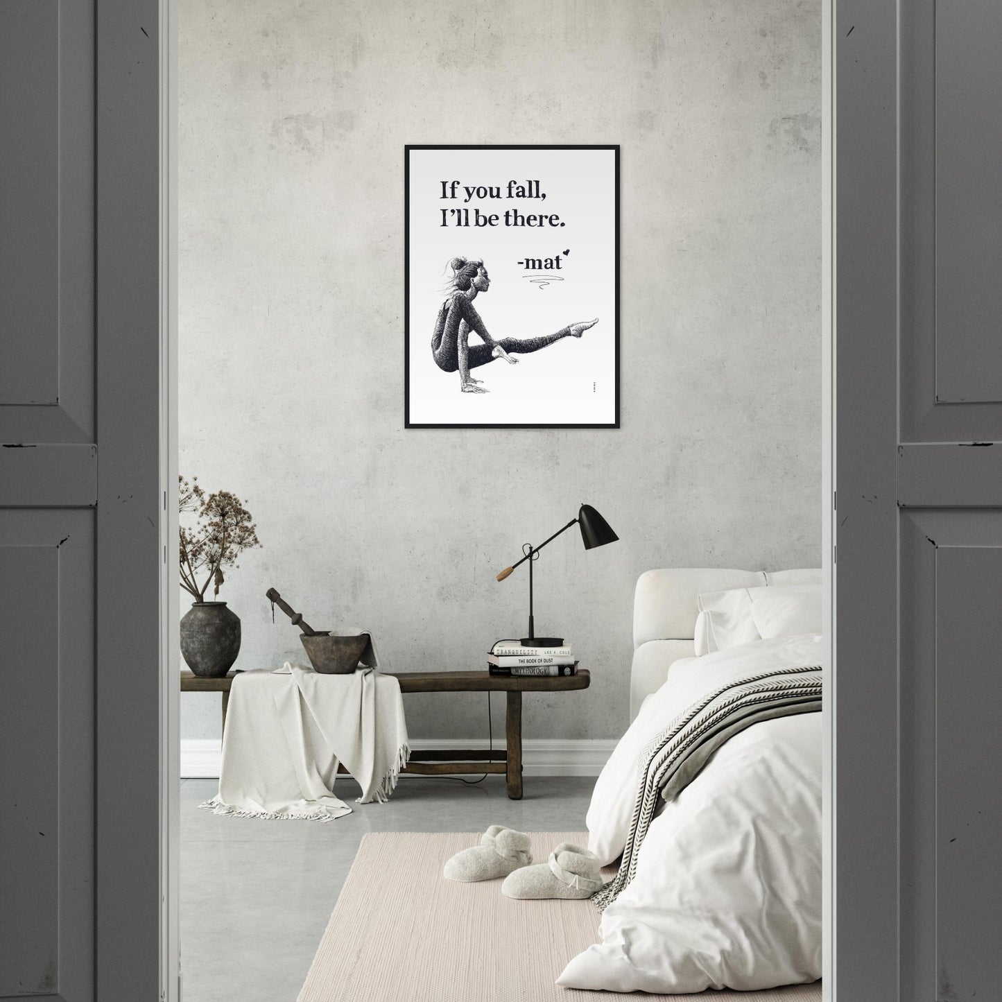 If You Fall, I'll Be There: Yoga Pose Art: Black And White Framed Print