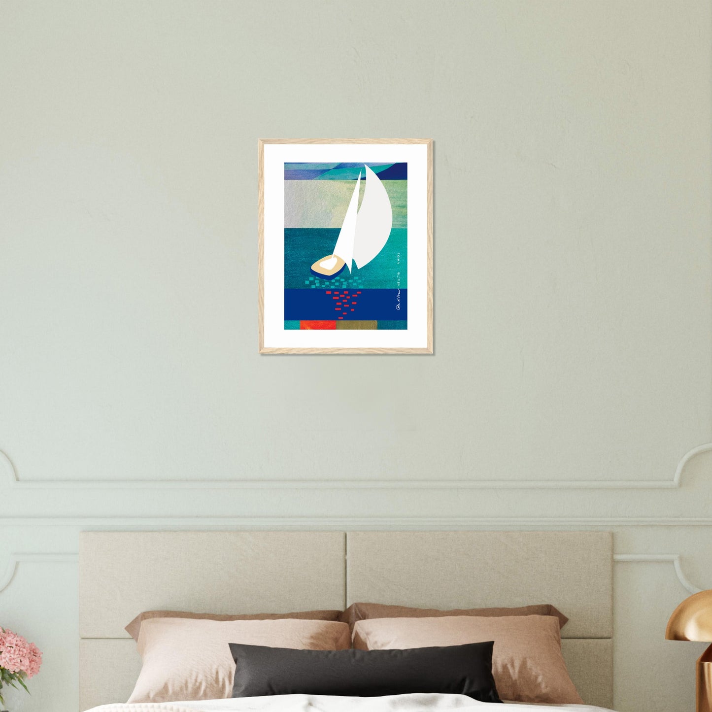 White Sailboat At Sunset On The Sea With Graphic Reflection: French Rivera: Classic Matte Paper Wooden Framed Poster