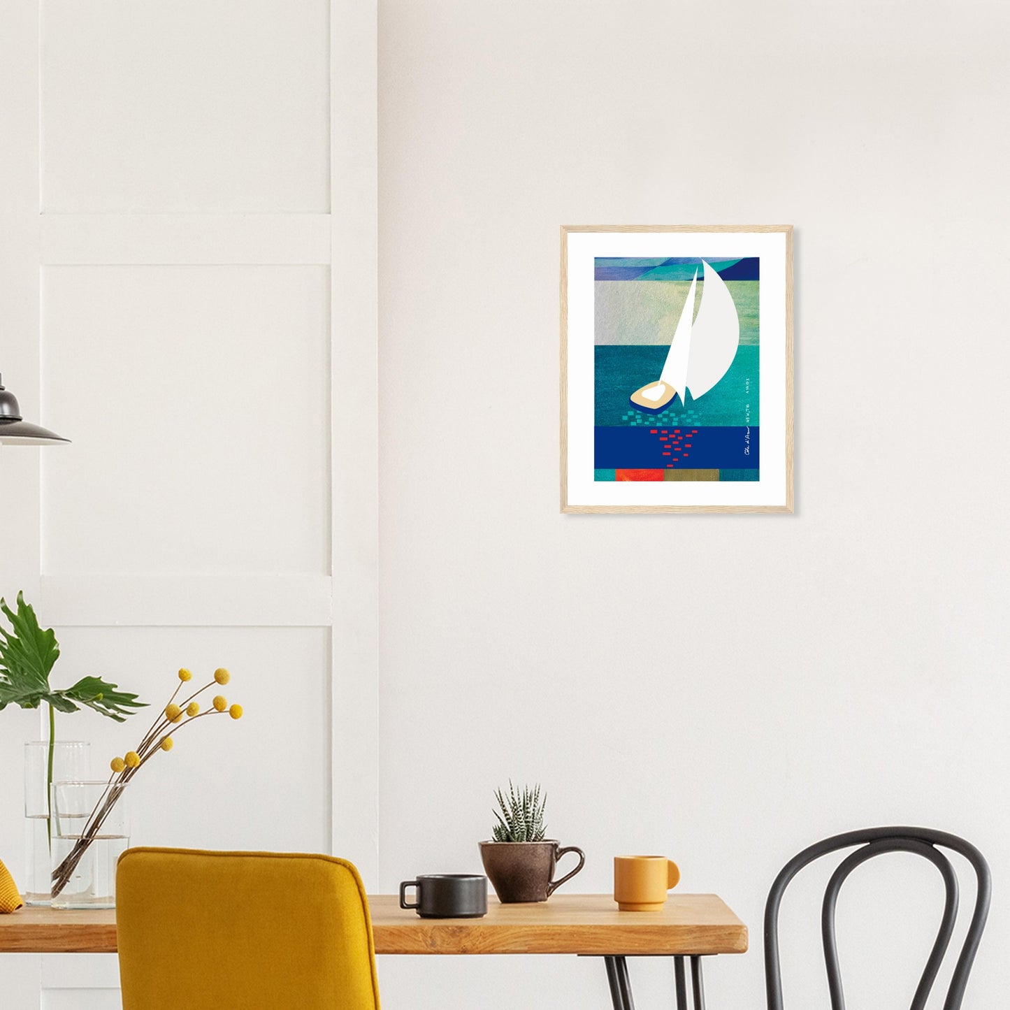 White Sailboat At Sunset On The Sea With Graphic Reflection: French Rivera: Classic Matte Paper Wooden Framed Poster
