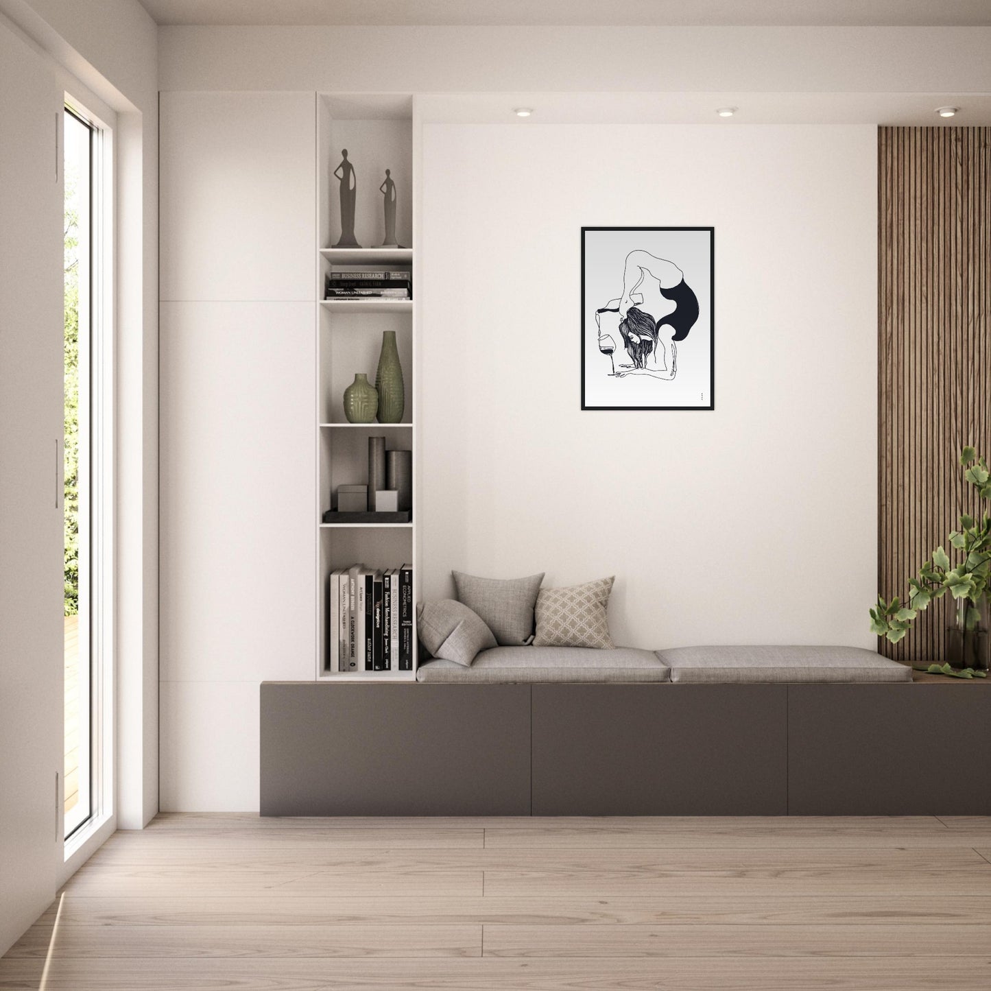 Funny Black And White Yoga Art Print In Wooden Frame With Wine And Balance Yoga Pose