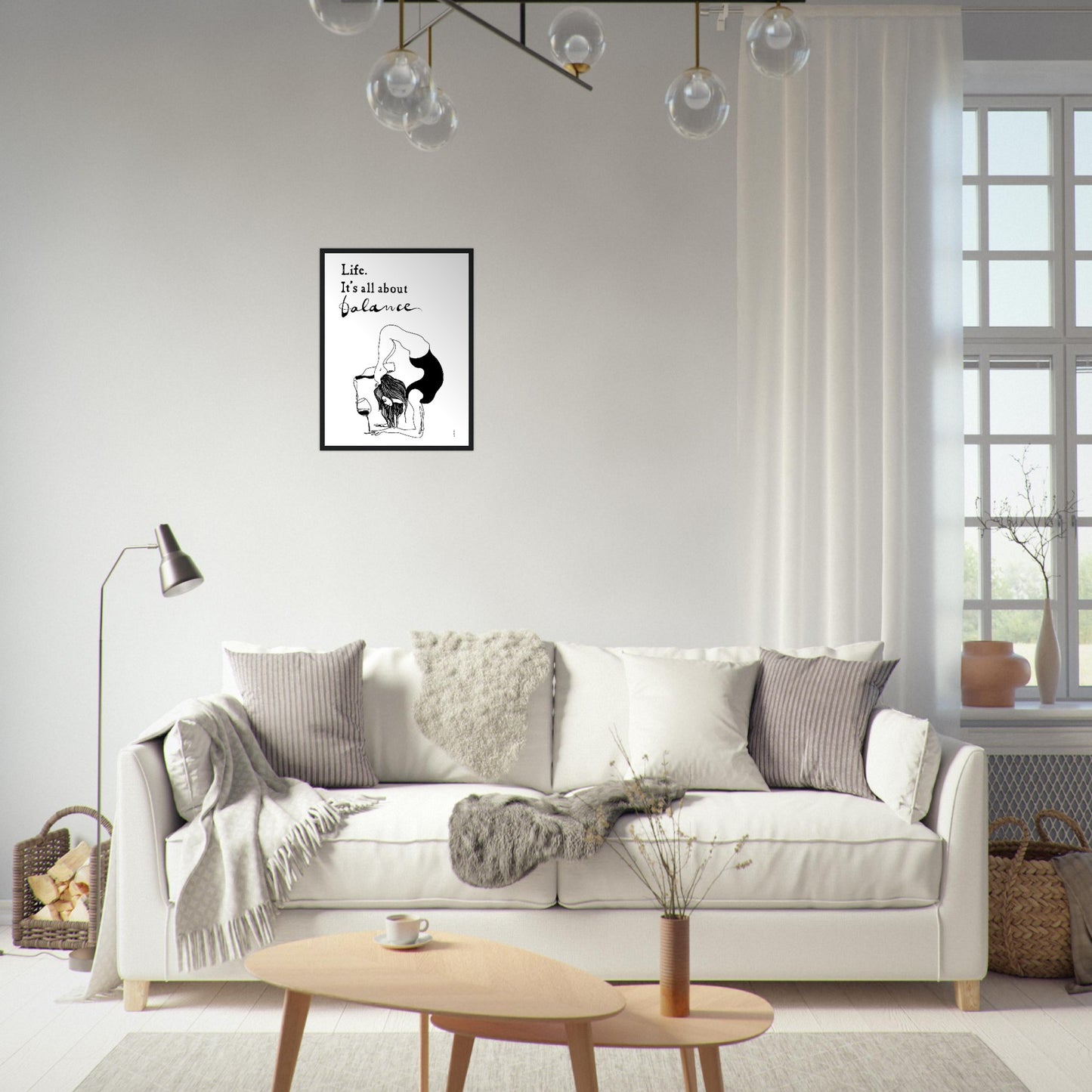 Yoga Art Print With Yoga Pose, Wine And Balance: Framed Art Print