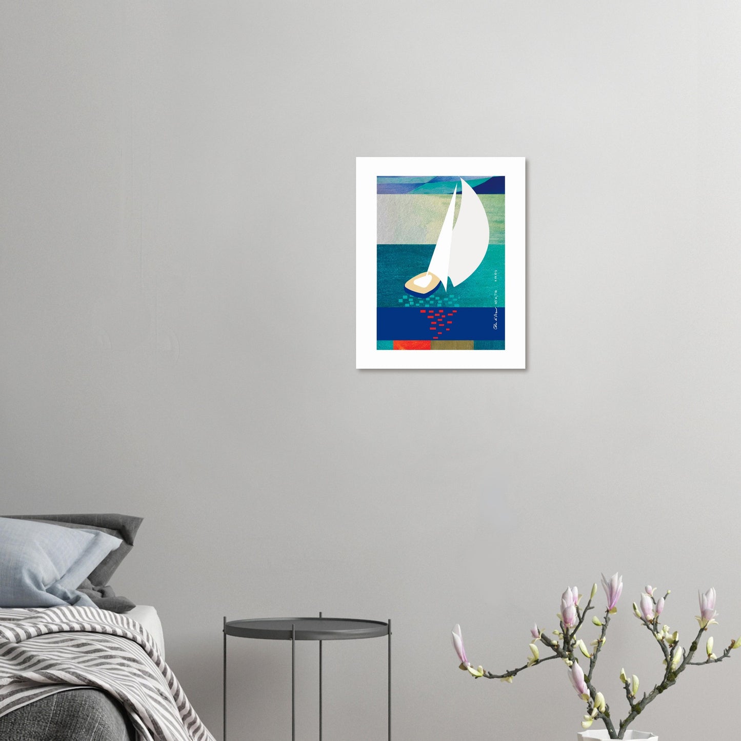 White Sailboat At Sunset On The Sea With Graphic Reflection: French Rivera Classic Matte Paper Poster