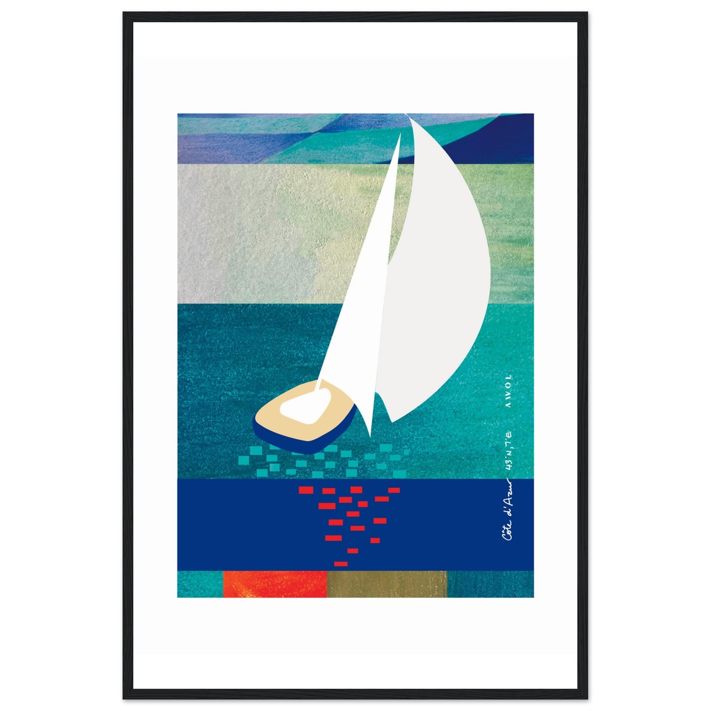 White Sailboat At Sunset On The Sea With Graphic Reflection: French Rivera: Classic Matte Paper Wooden Framed Poster