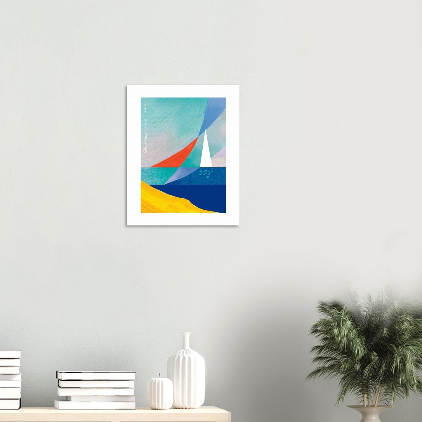 Abstract Sea Art And White Sailboat, Mediterranean Wall Art: French Riviera Poster Print - Creations Awol