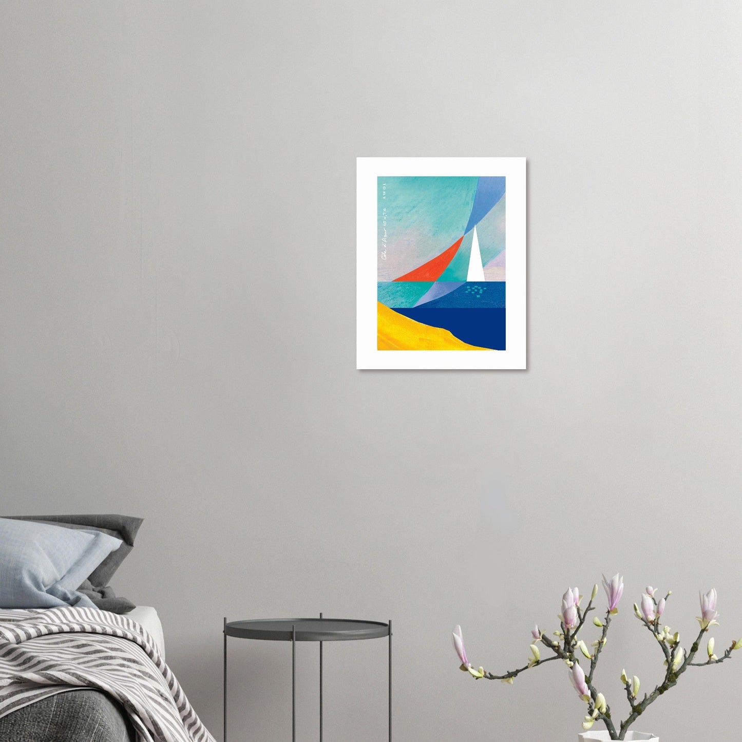 Abstract Sea Art And White Sailboat, Mediterranean Wall Art: French Riviera Poster Print - Creations Awol