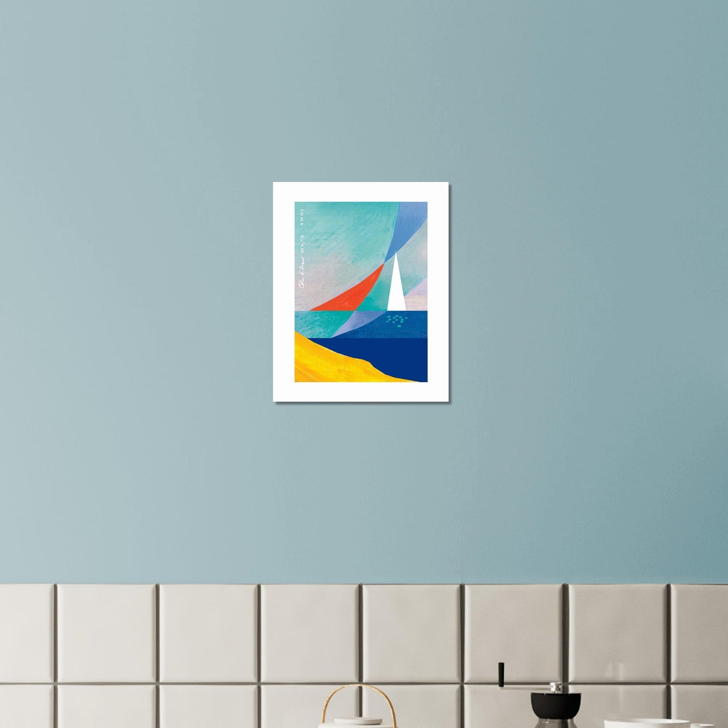 Abstract Sea Art And White Sailboat, Mediterranean Wall Art: French Riviera Poster Print - Creations Awol