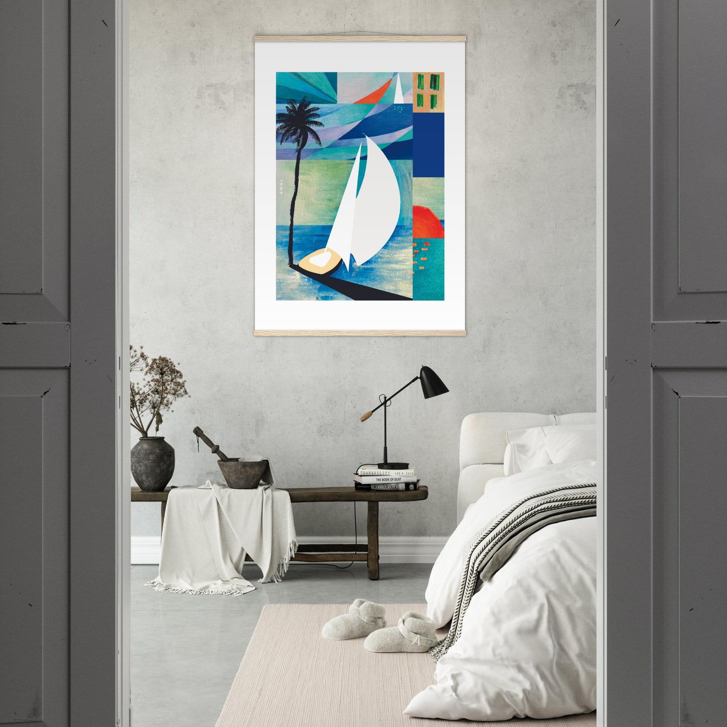 Colourful Sailing Art: Sea, Palm Tree And Orange Sun: Travel Poster with Hanger