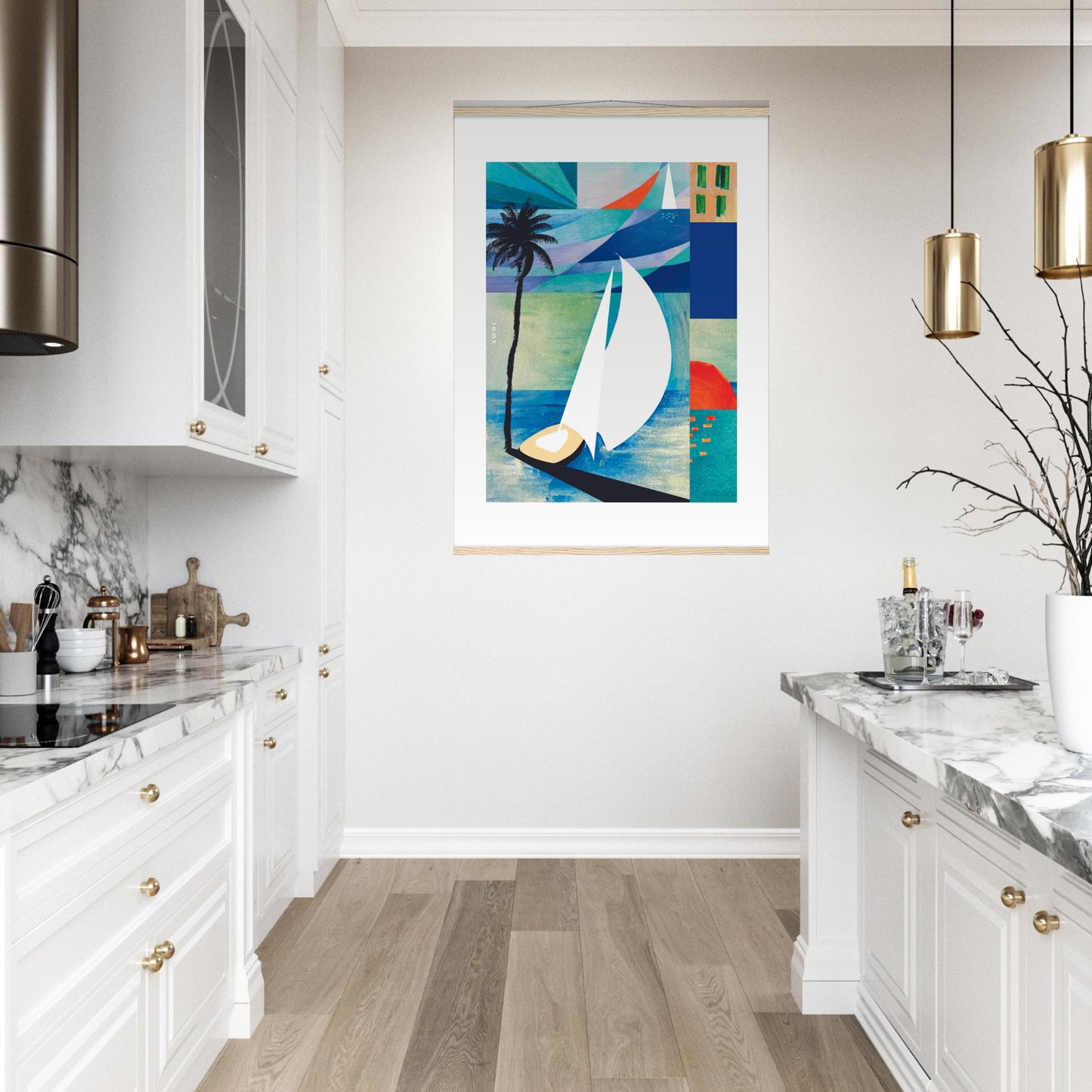 Colourful Sailing Art: Sea, Palm Tree And Orange Sun: Travel Poster with Hanger