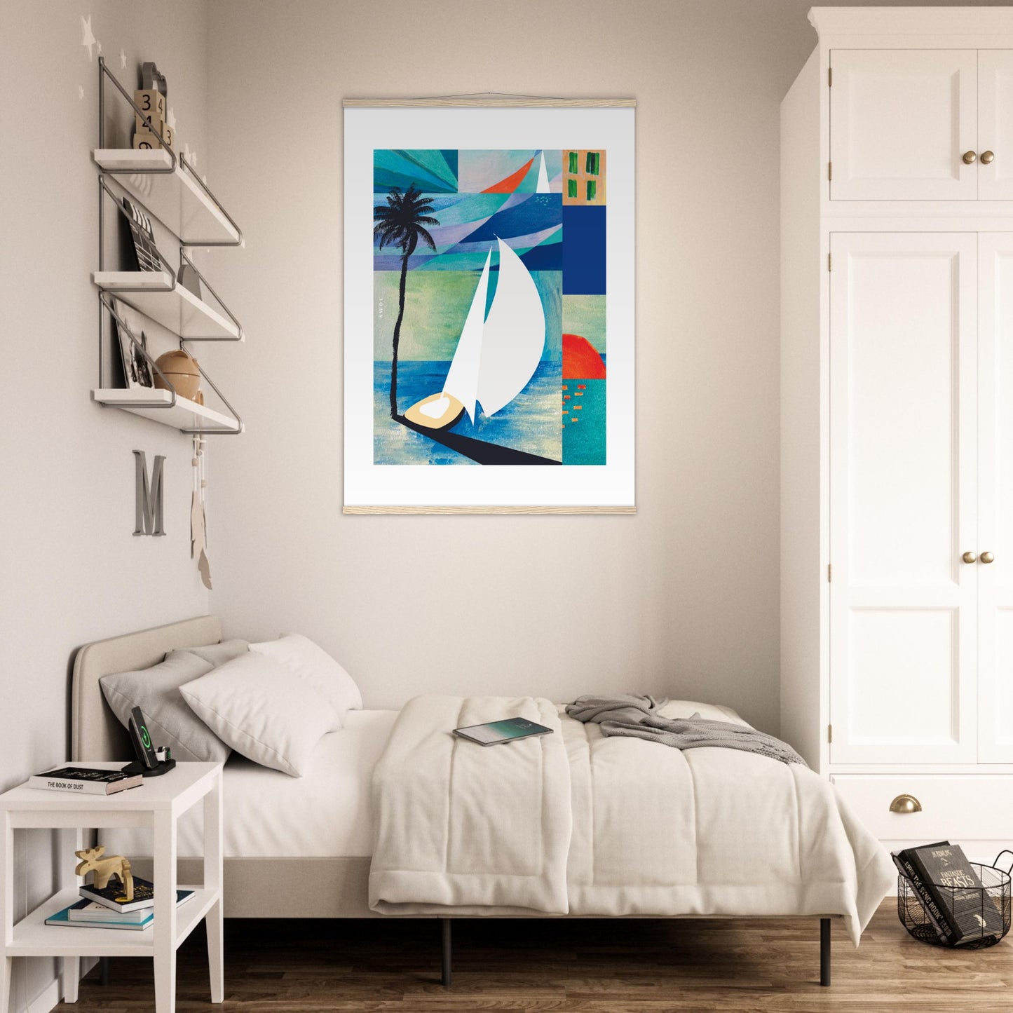 Colourful Sailing Art: Sea, Palm Tree And Orange Sun: Travel Poster with Hanger