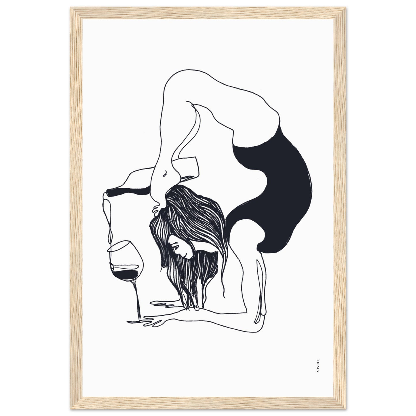 Funny Black And White Yoga Art Print In Wooden Frame With Wine And Balance Yoga Pose