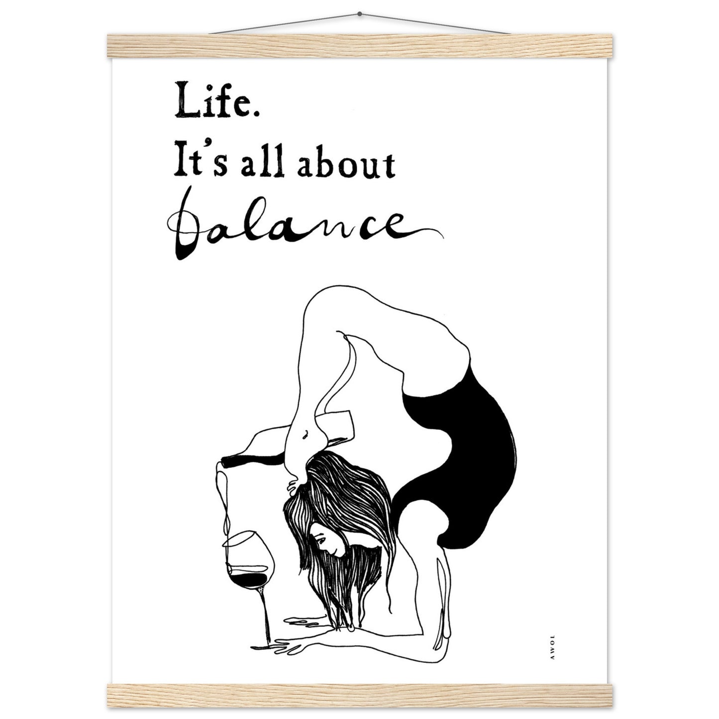 Funny Yoga Art Print With Spiritual Quote, Yoga Pose And Wine, Poster Print with Hanger