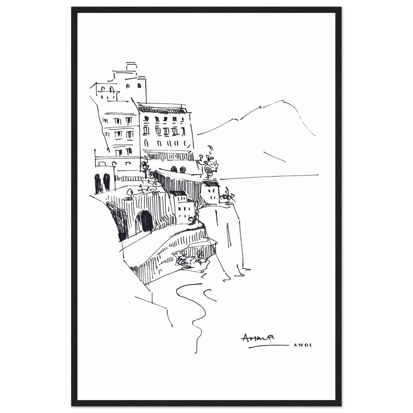 Amalfi Coast, Italy Travel Poster: Black And White Framed Art Print - Creations Awol