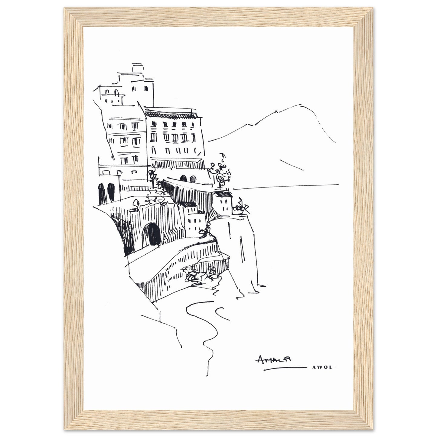 Amalfi Coast, Italy Travel Poster: Black And White Framed Art Print - Creations Awol