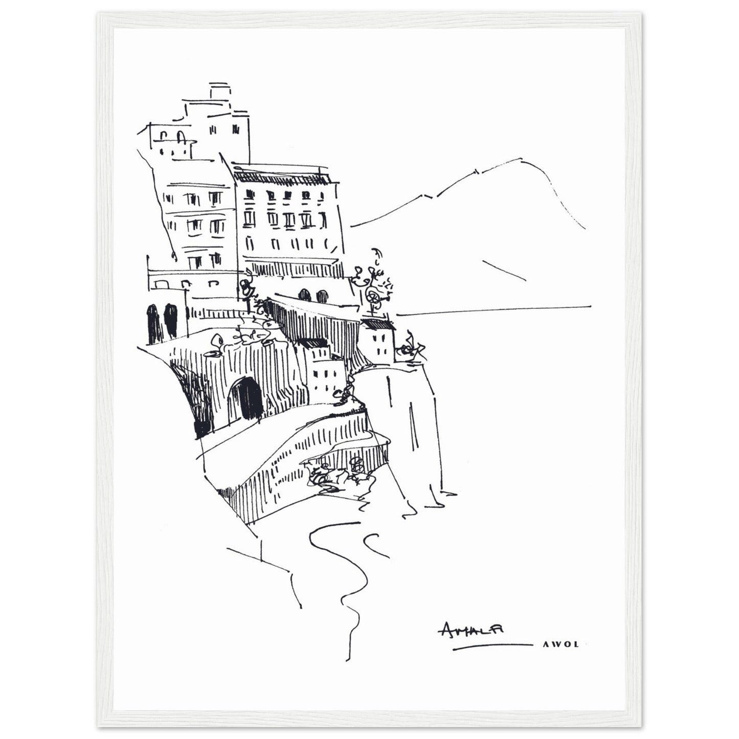 Amalfi Coast, Italy Travel Poster: Black And White Framed Art Print - Creations Awol