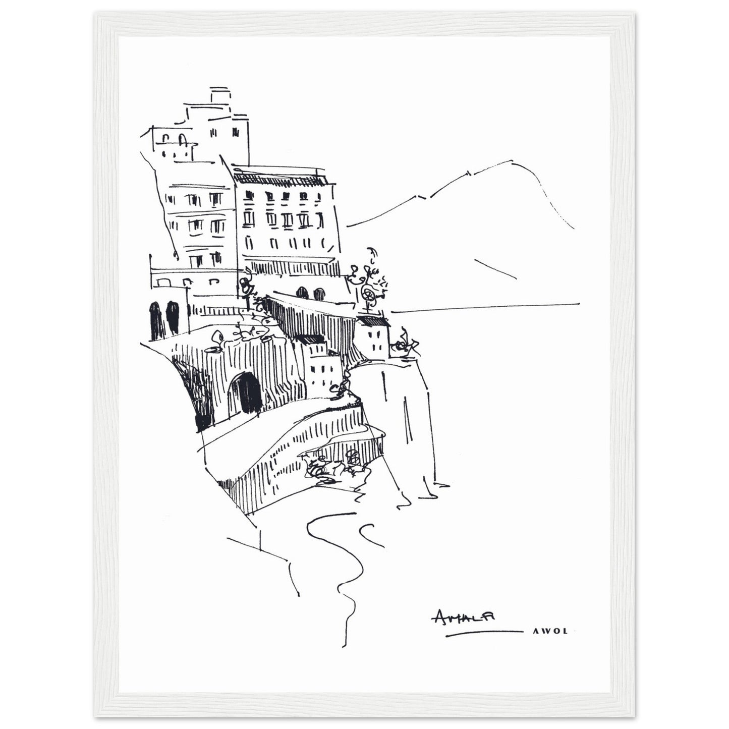 Amalfi Coast, Italy Travel Poster: Black And White Framed Art Print - Creations Awol