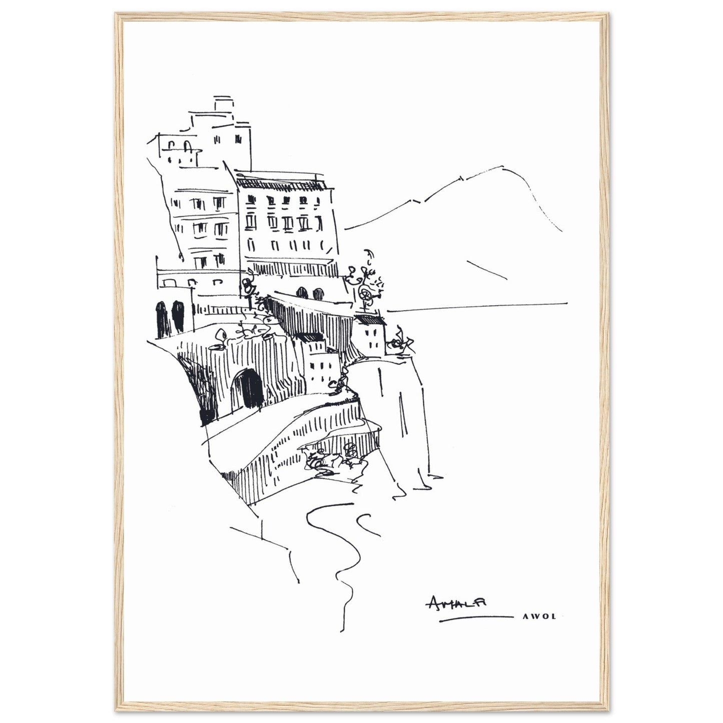 Amalfi Coast, Italy Travel Poster: Black And White Framed Art Print - Creations Awol