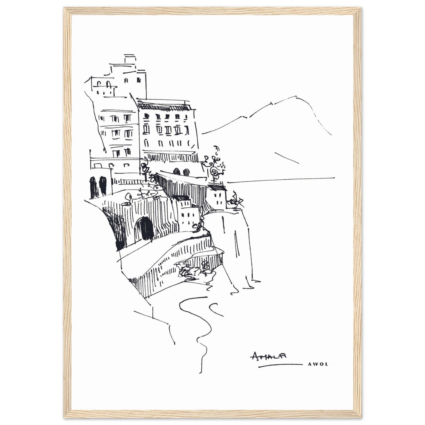 Amalfi Coast, Italy Travel Poster: Black And White Framed Art Print - Creations Awol