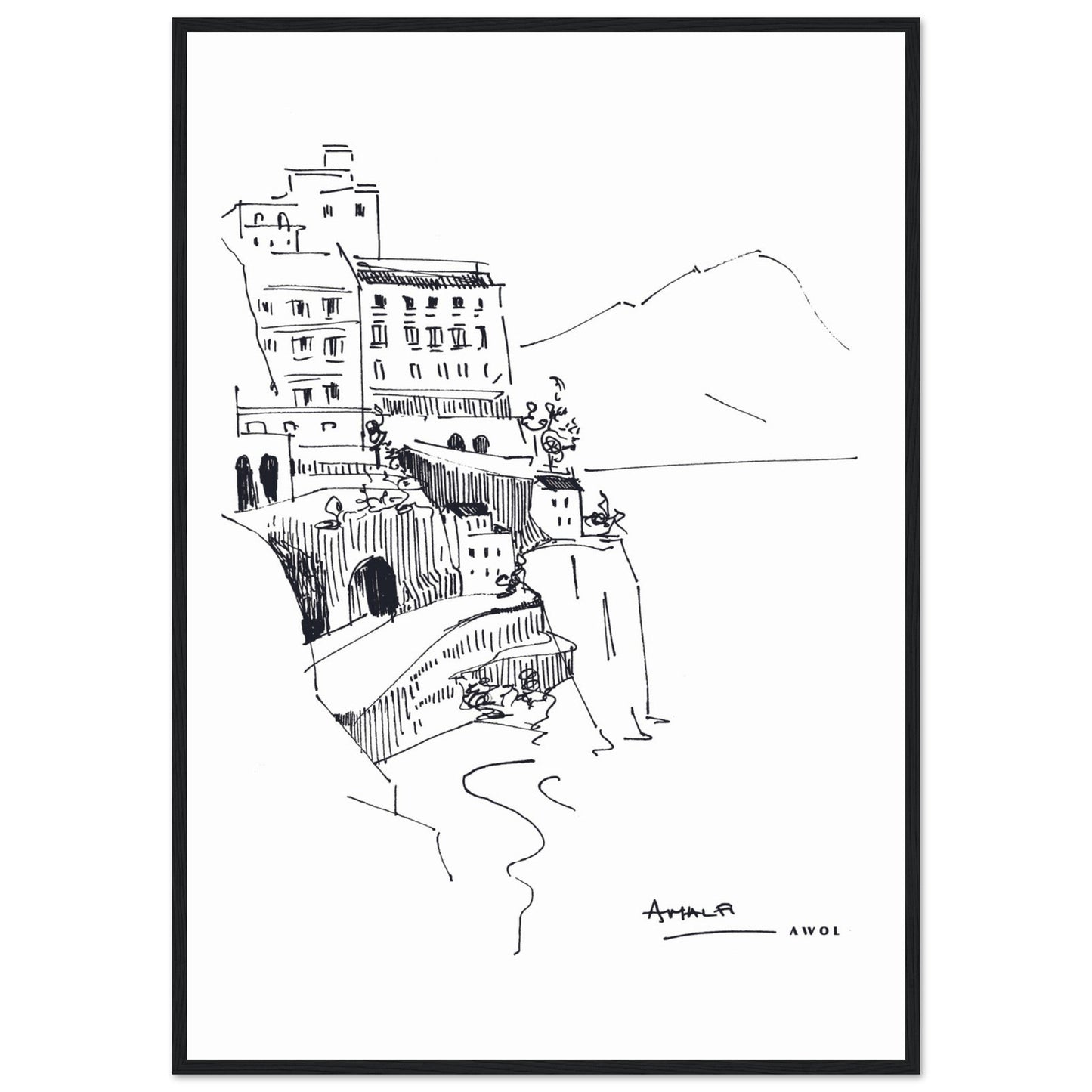 Amalfi Coast, Italy Travel Poster: Black And White Framed Art Print - Creations Awol