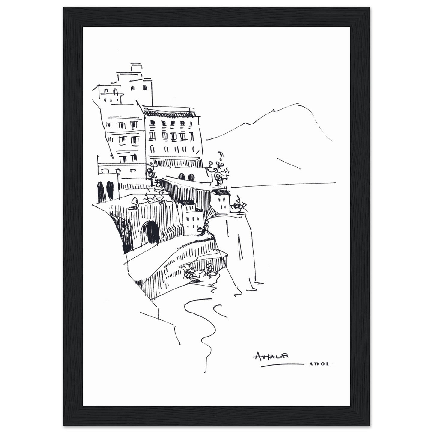 Amalfi Coast, Italy Travel Poster: Black And White Framed Art Print - Creations Awol