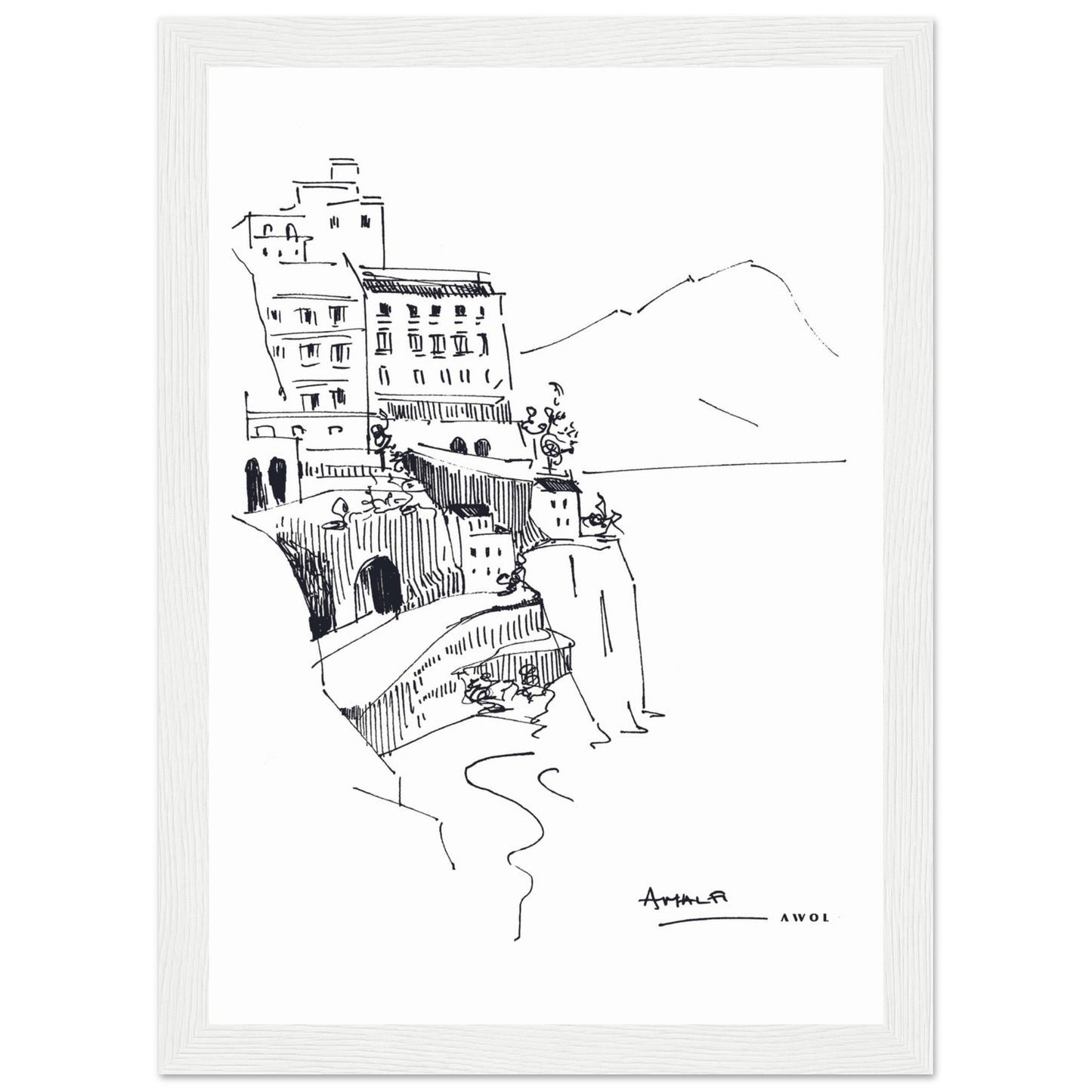 Amalfi Coast, Italy Travel Poster: Black And White Framed Art Print - Creations Awol