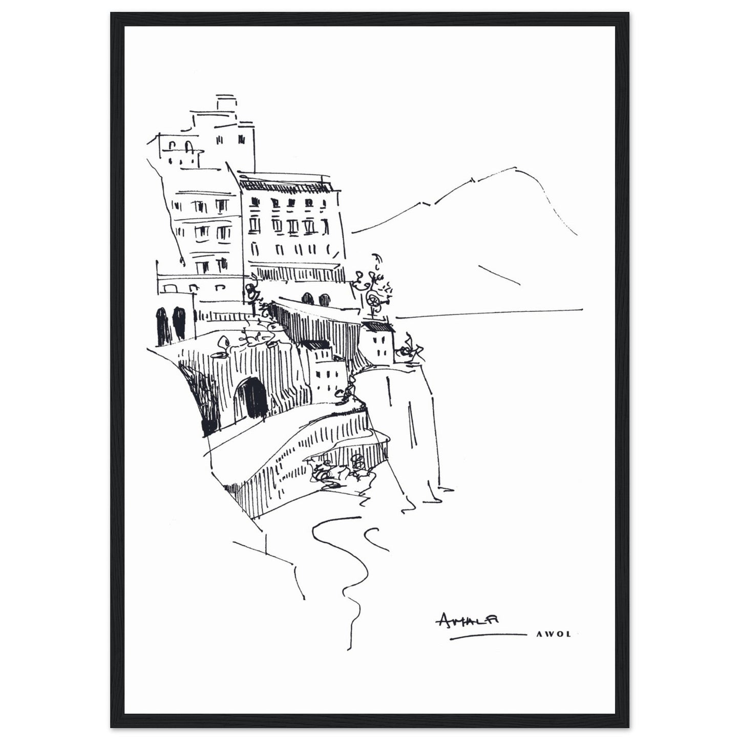 Amalfi Coast, Italy Travel Poster: Black And White Framed Art Print - Creations Awol