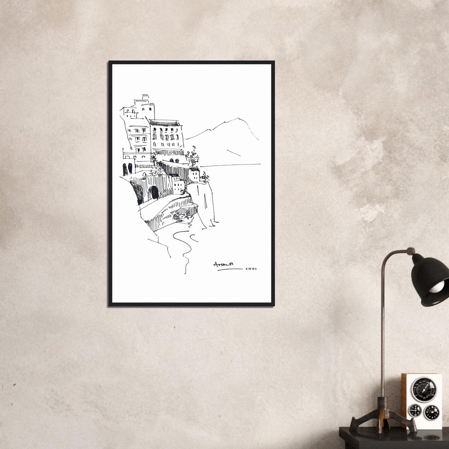 Amalfi Coast, Italy Travel Poster: Black And White Framed Art Print - Creations Awol