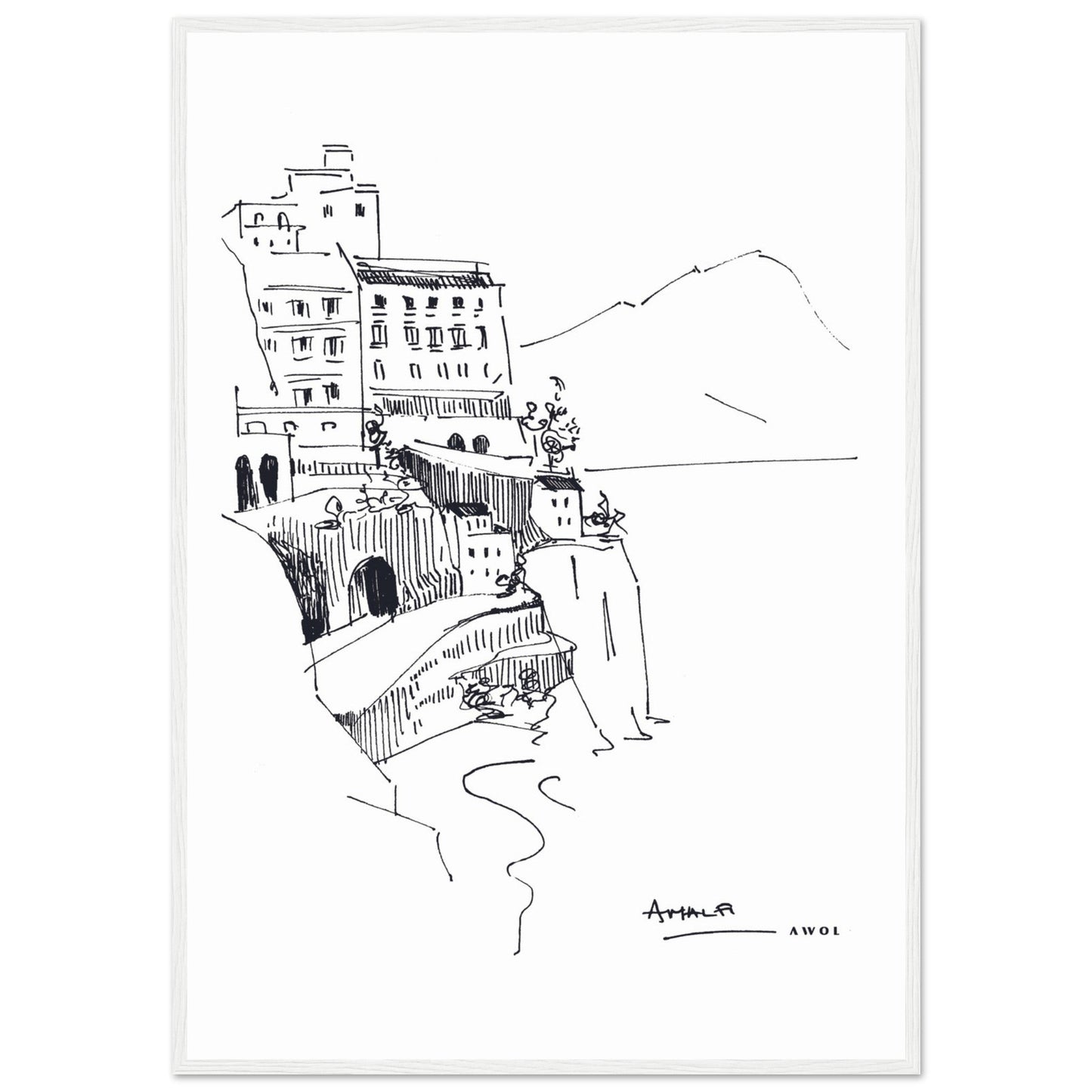 Amalfi Coast, Italy Travel Poster: Black And White Framed Art Print - Creations Awol