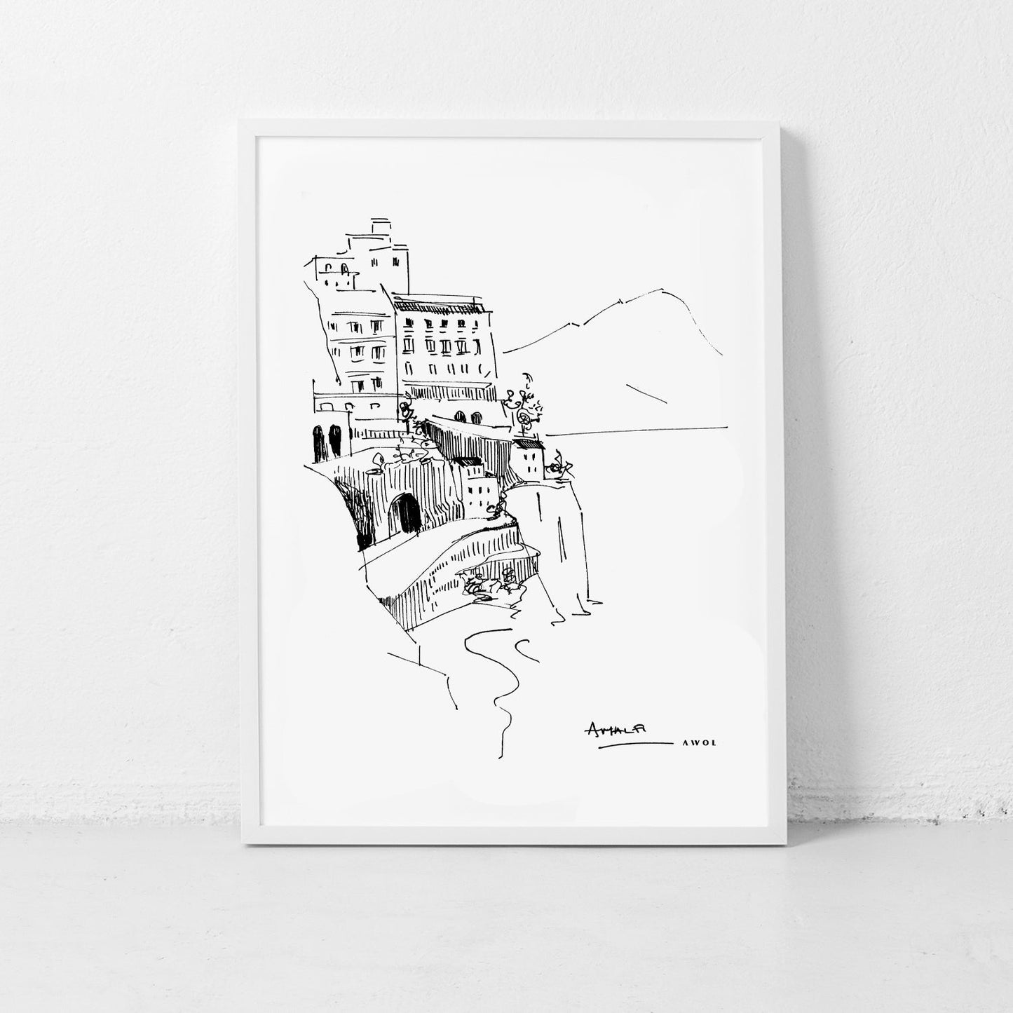 Amalfi Coast, Italy Travel Poster: Black And White Framed Art Print - Creations Awol